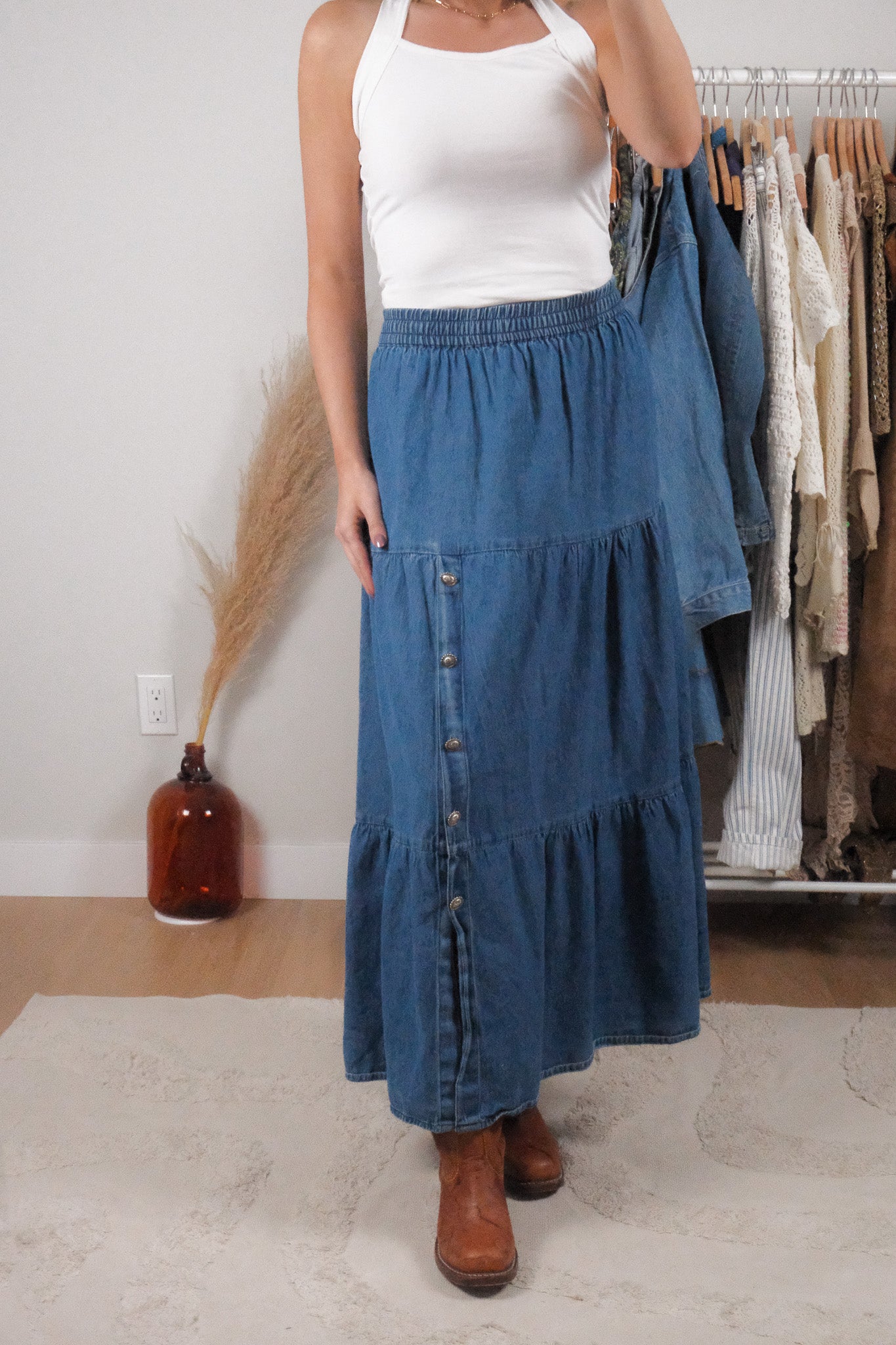 Vintage x Cotton Denim Tiered Maxi Skirt (L/XL)