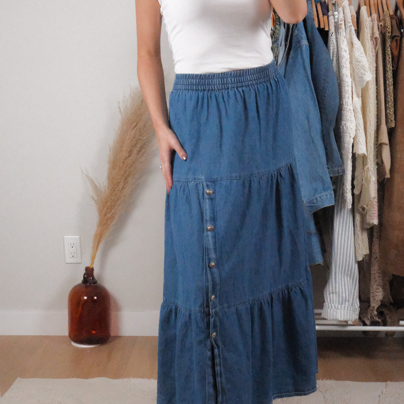 Vintage x Cotton Denim Tiered Maxi Skirt (L/XL)