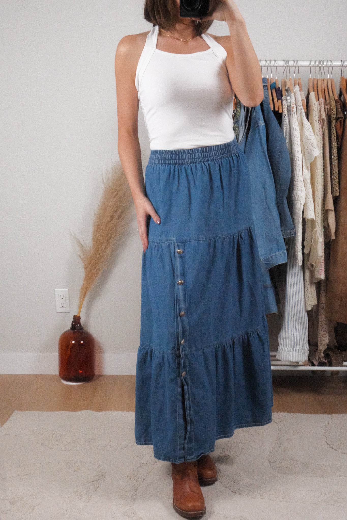 Vintage x Cotton Denim Tiered Maxi Skirt (L/XL)