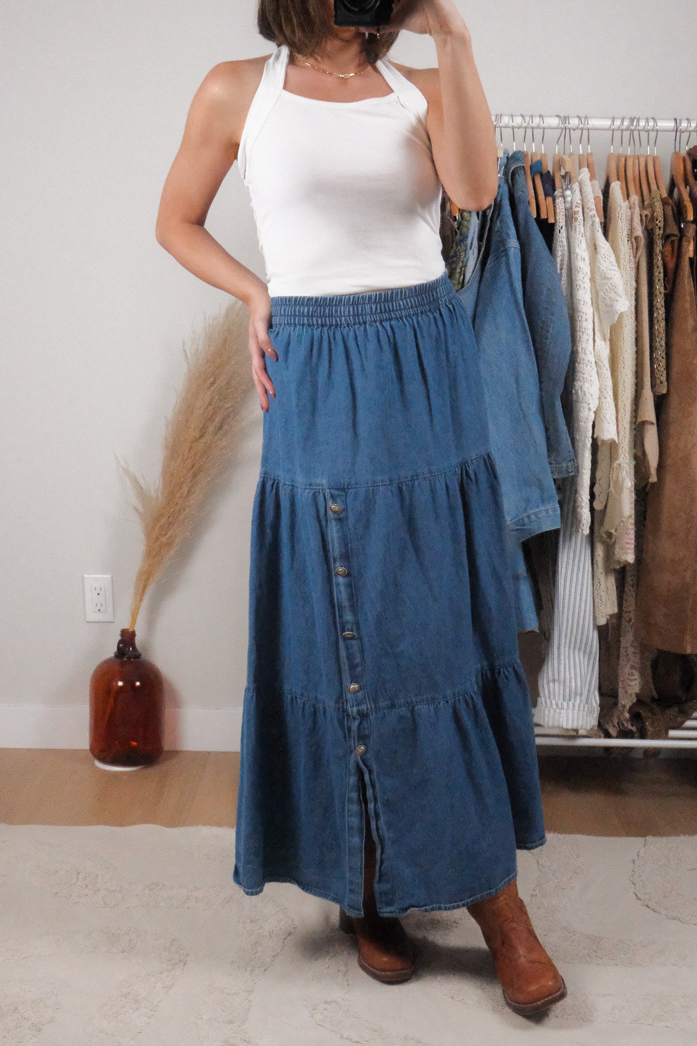 Vintage x Cotton Denim Tiered Maxi Skirt (L/XL)