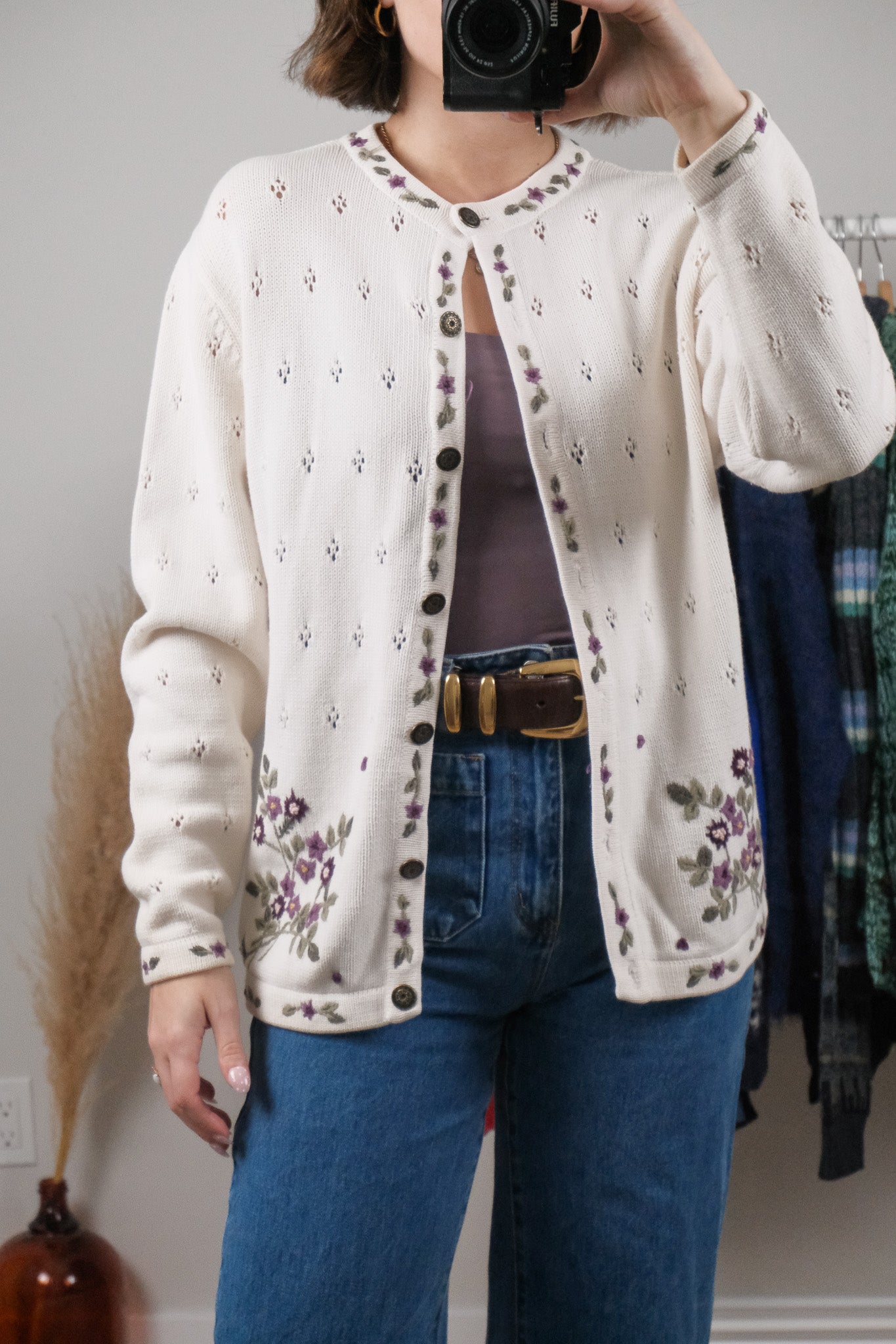 Vintage x Cotton Embroidered Pointelle Cardigan (M/L)