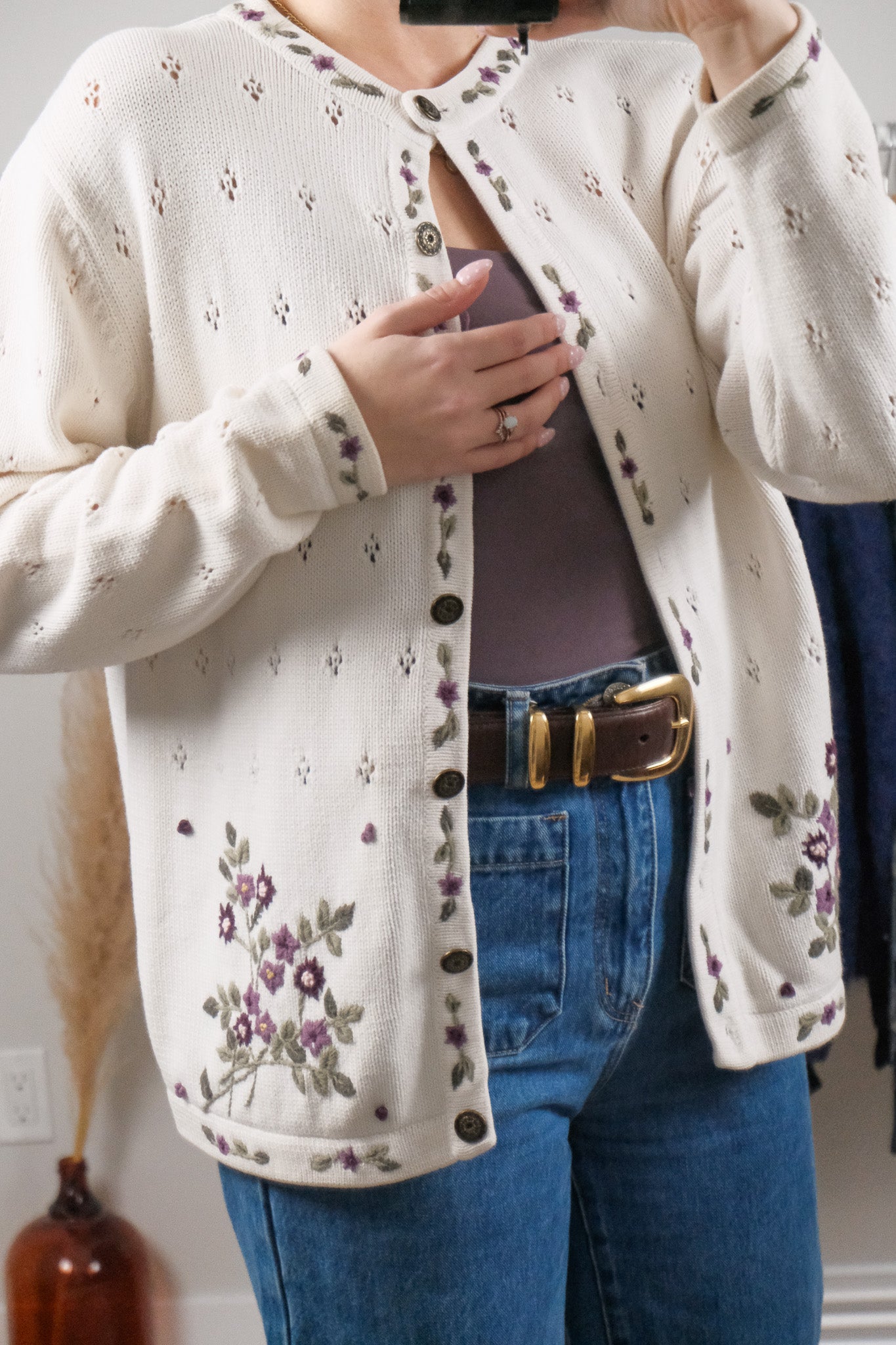 Vintage x Cotton Embroidered Pointelle Cardigan (M/L)