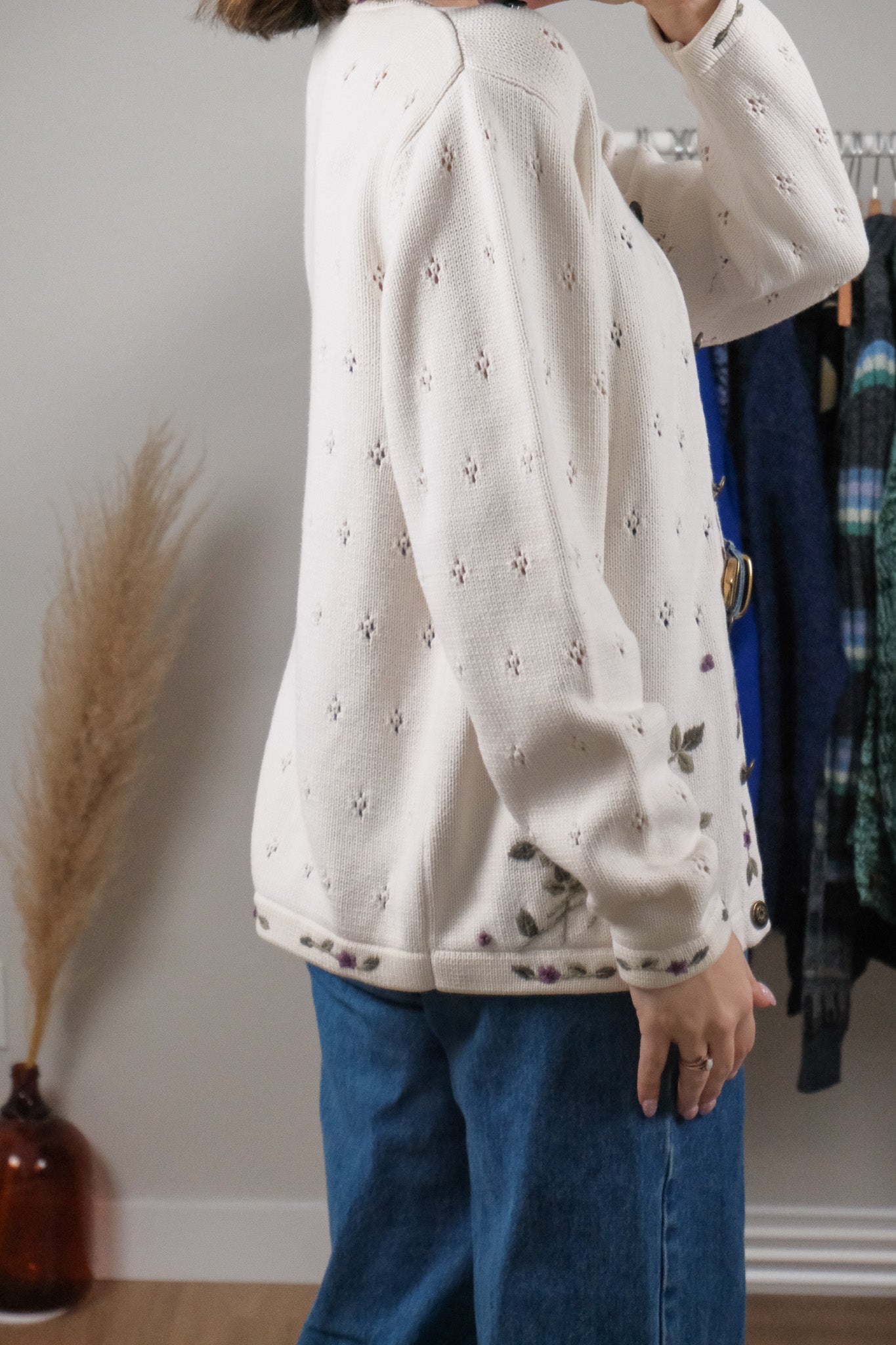Vintage x Cotton Embroidered Pointelle Cardigan (M/L)