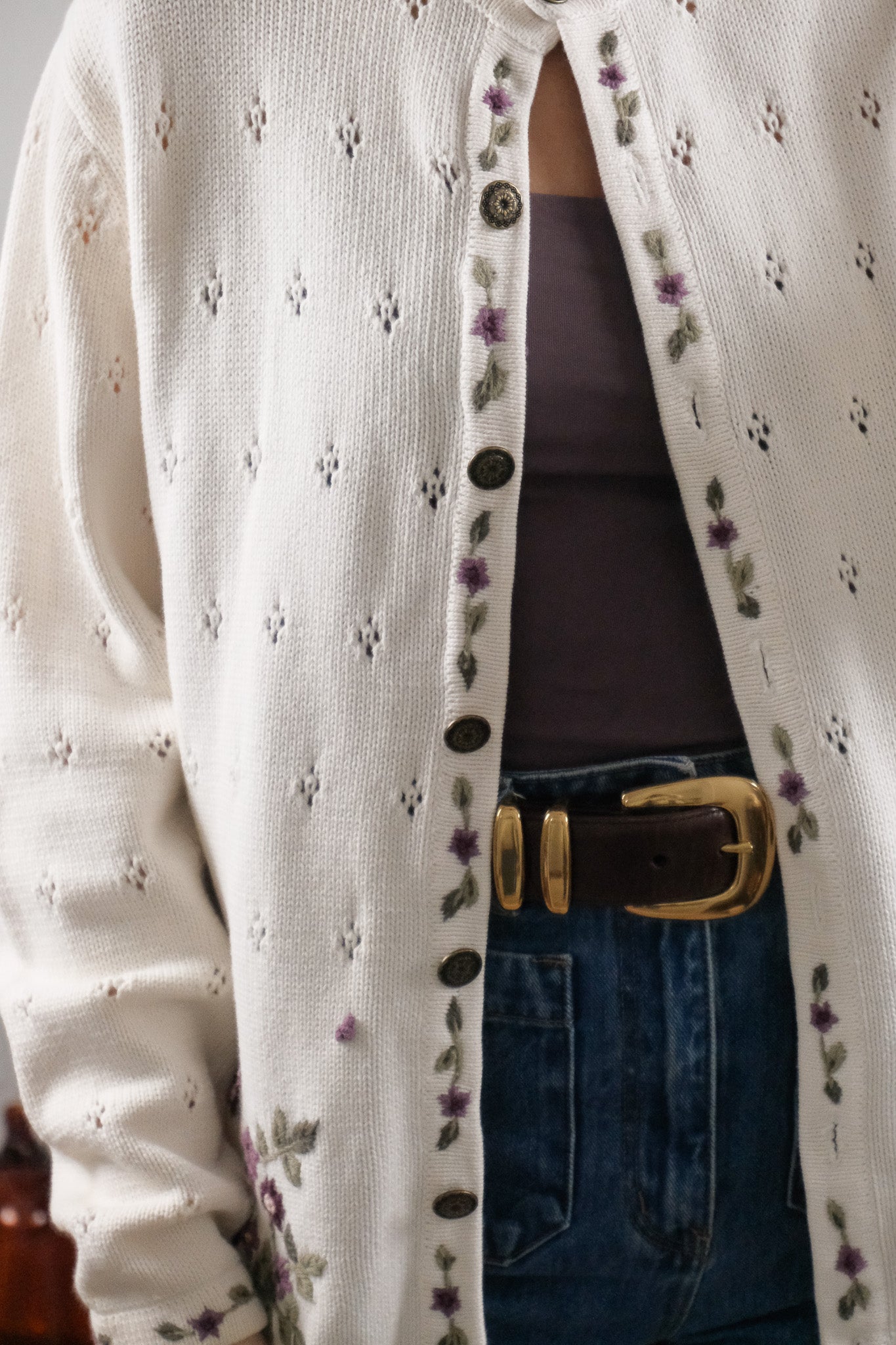 Vintage x Cotton Embroidered Pointelle Cardigan (M/L)