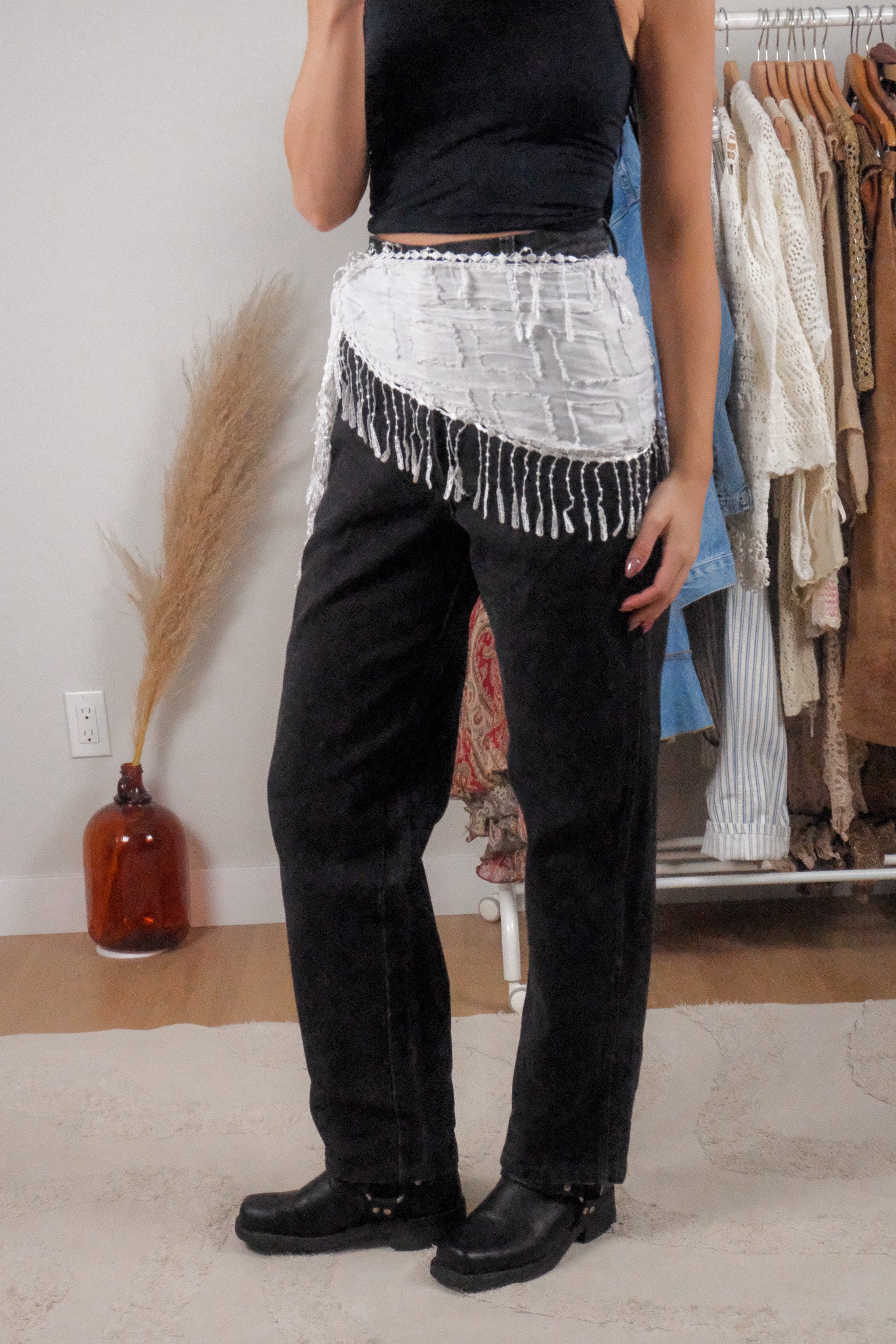 Checkered Fringe Scarf Belt