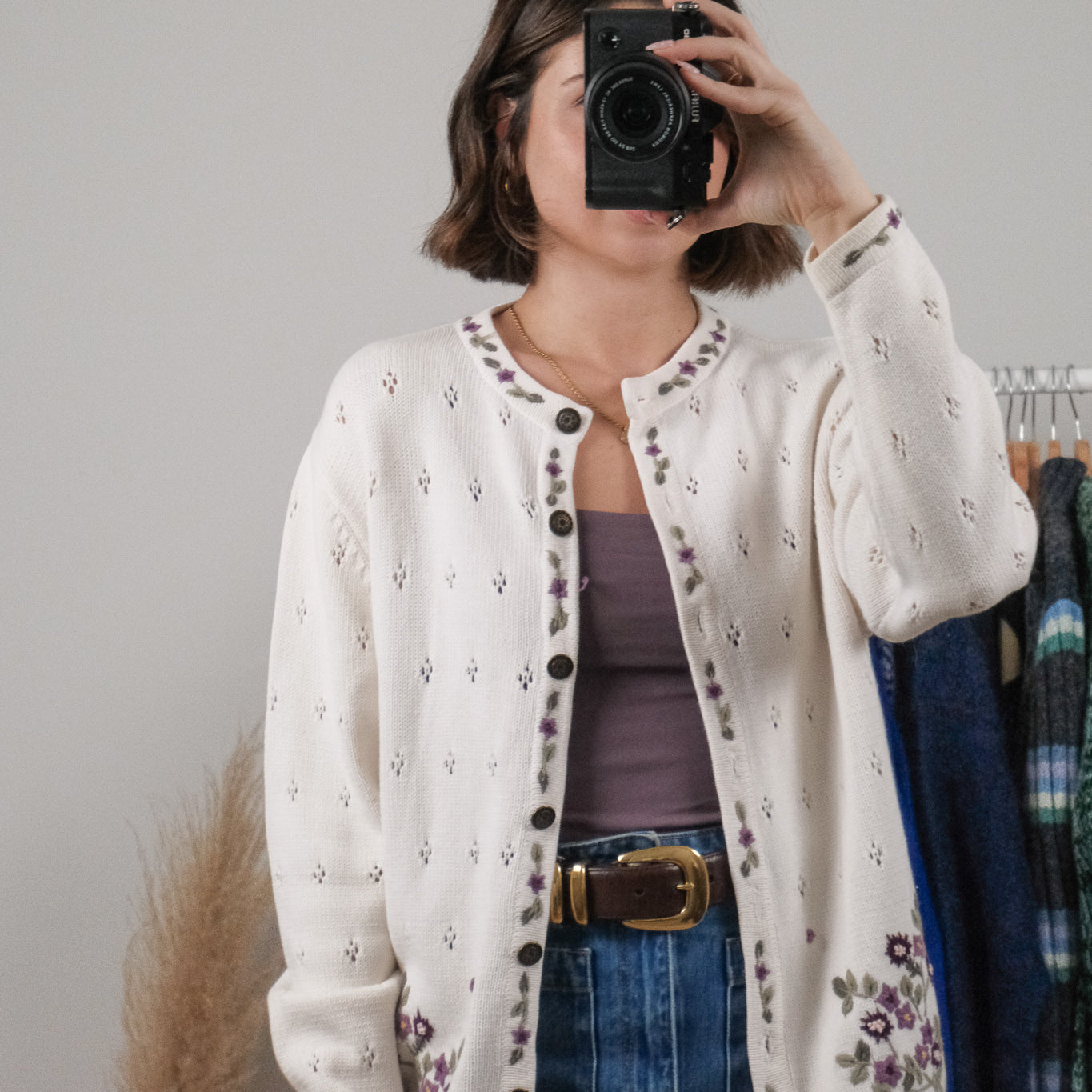 Vintage x Cotton Embroidered Pointelle Cardigan (M/L)