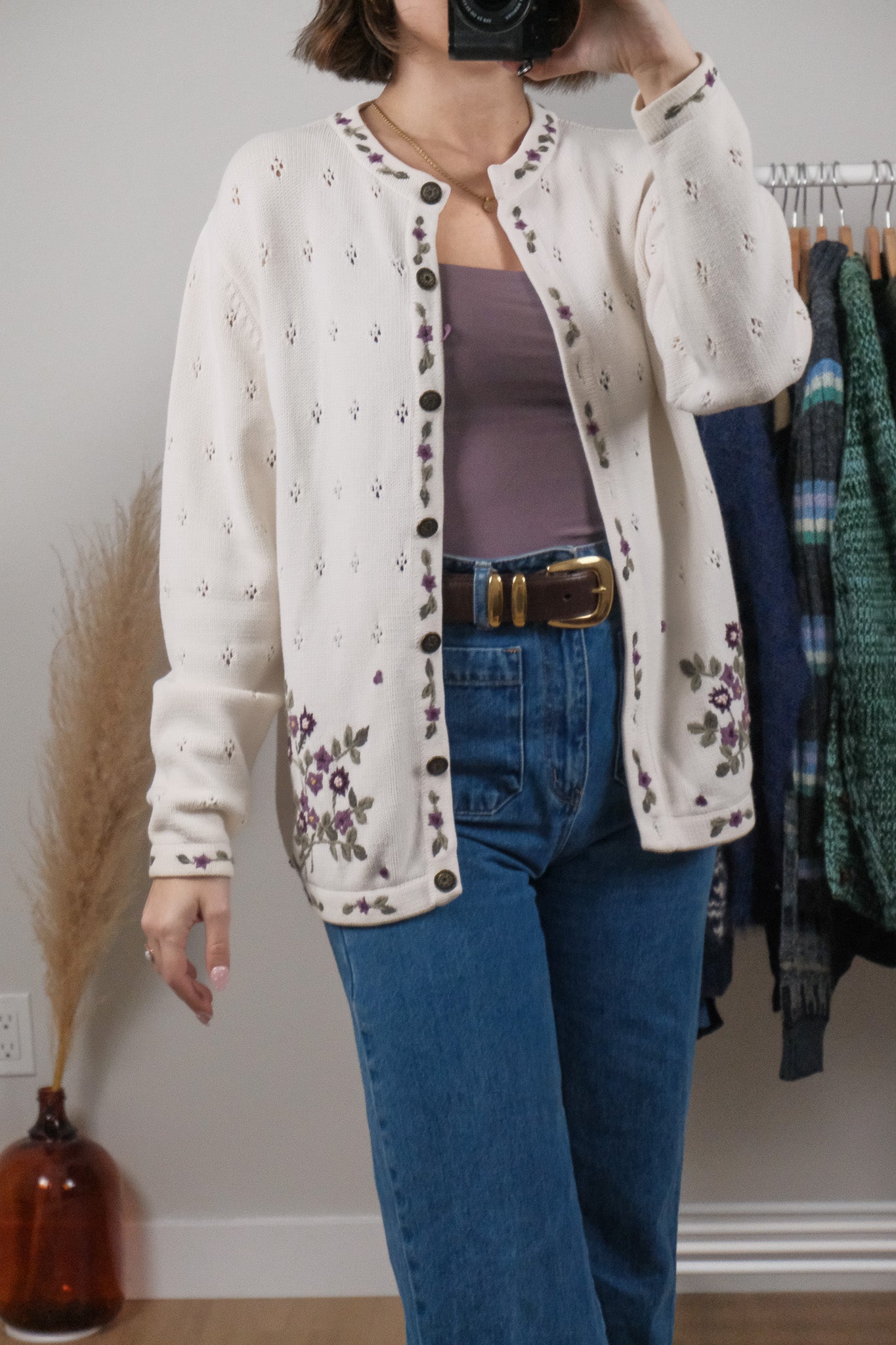 Vintage x Cotton Embroidered Pointelle Cardigan (M/L)