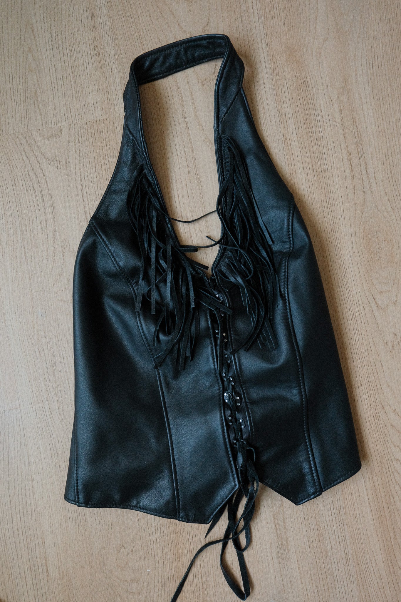 Made in USA x Vintage x Halter Leather Beaded Fringe Vest (M)