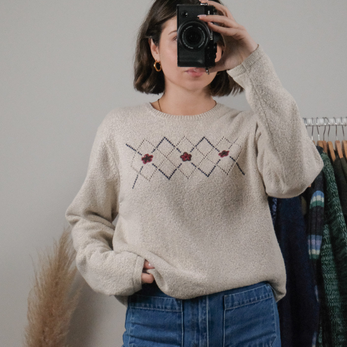 Vintage x Argyle Floral Embroidered Knit (L)