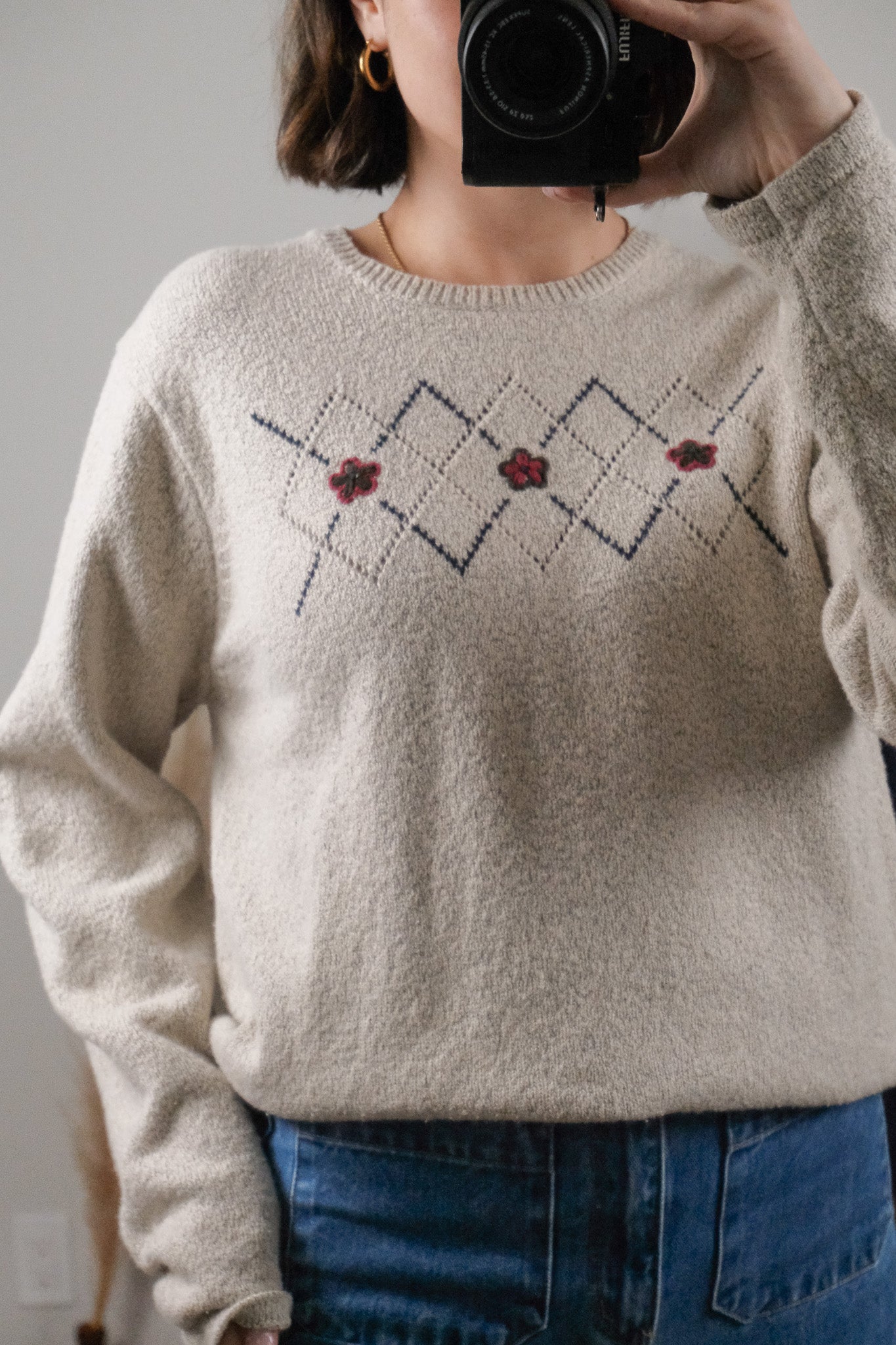 Vintage x Argyle Floral Embroidered Knit (L)