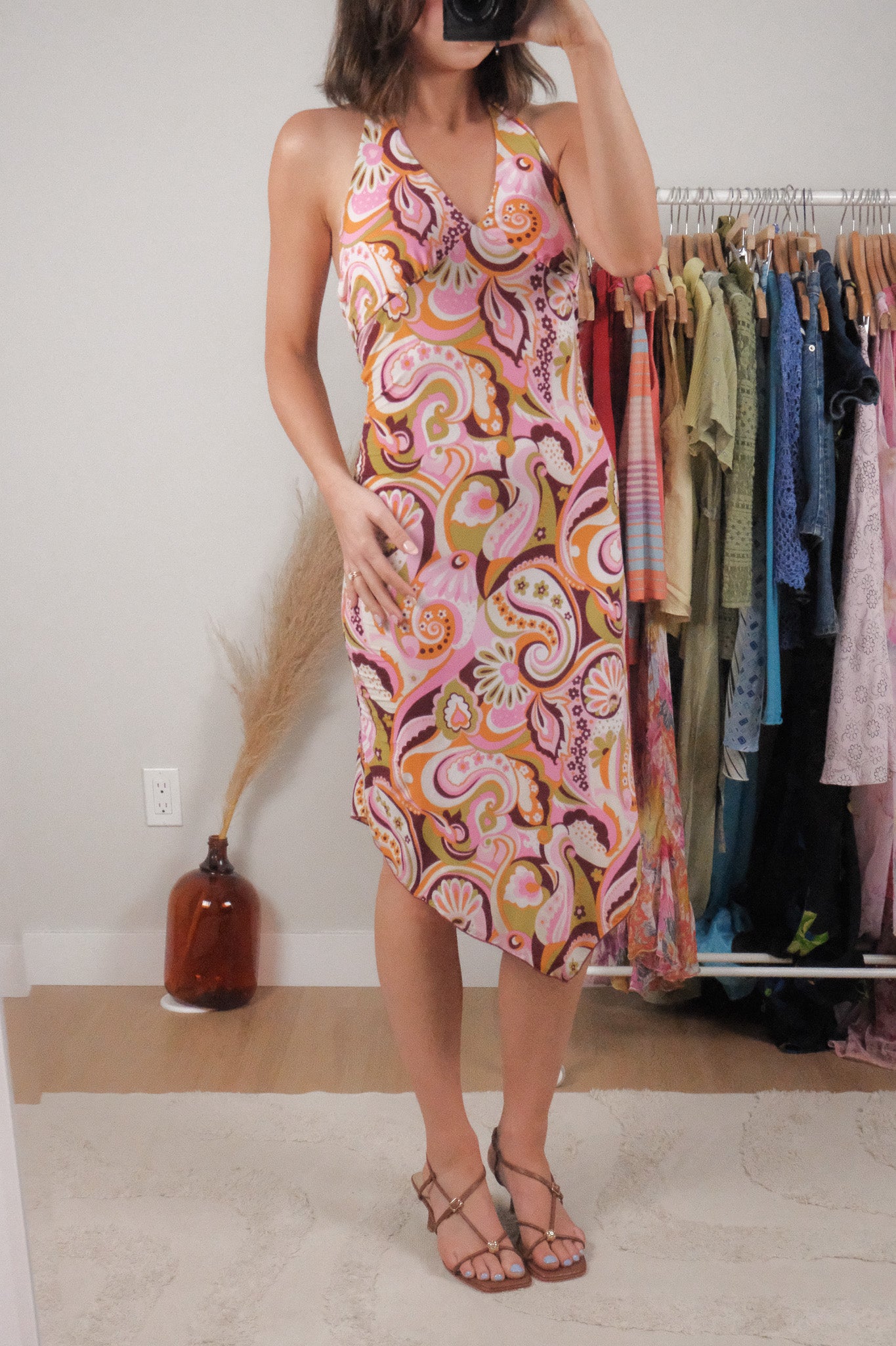 Made in USA x Vintage x Patterned Asymmetrical Midi Dress (S/M)