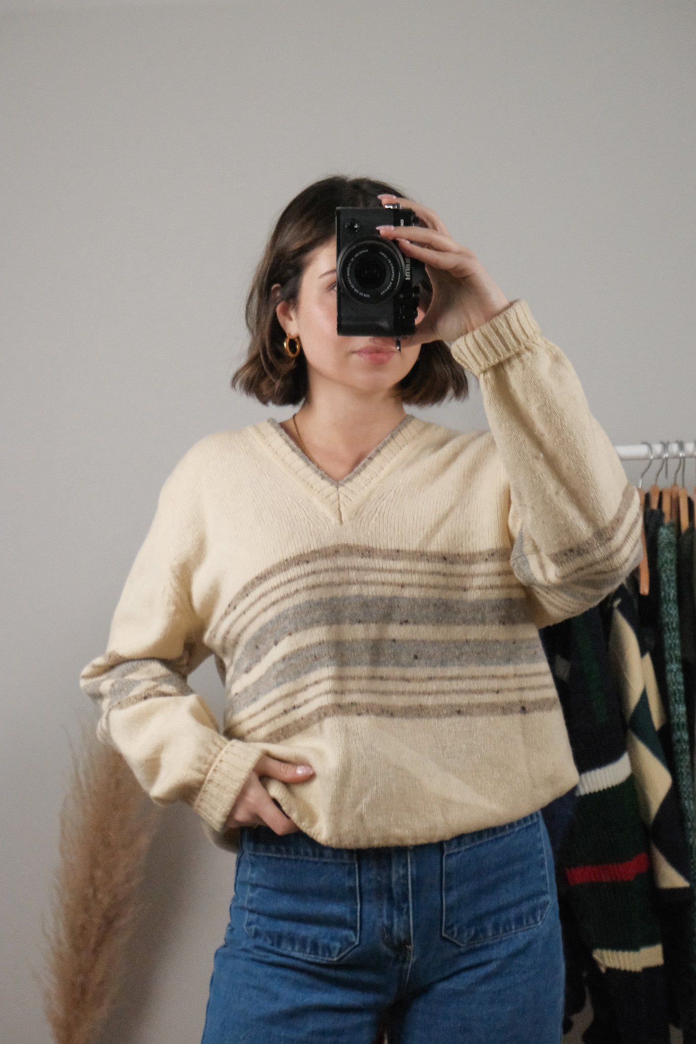 Made in Canada x Vintage x Shetland Wool Striped V-Neck (M/L)