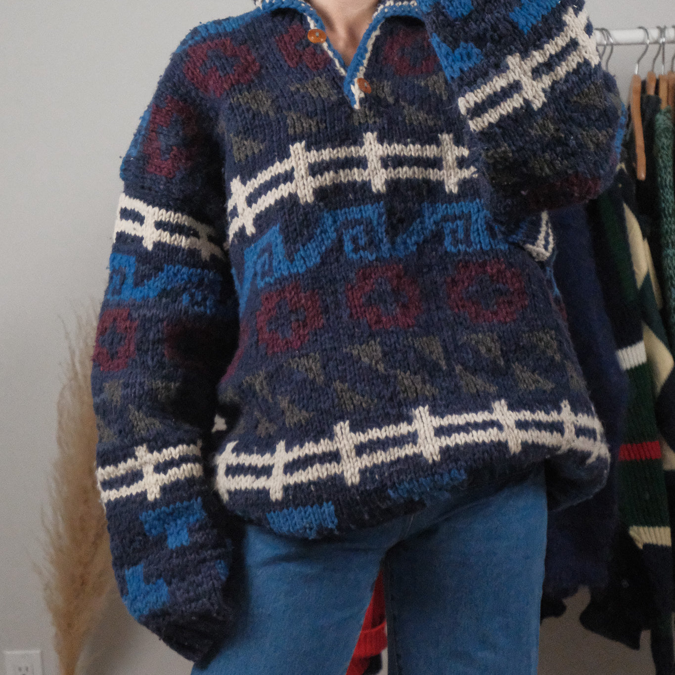 Vintage x Wool Chunky Patterned Collared Knit (2XL-3XL)