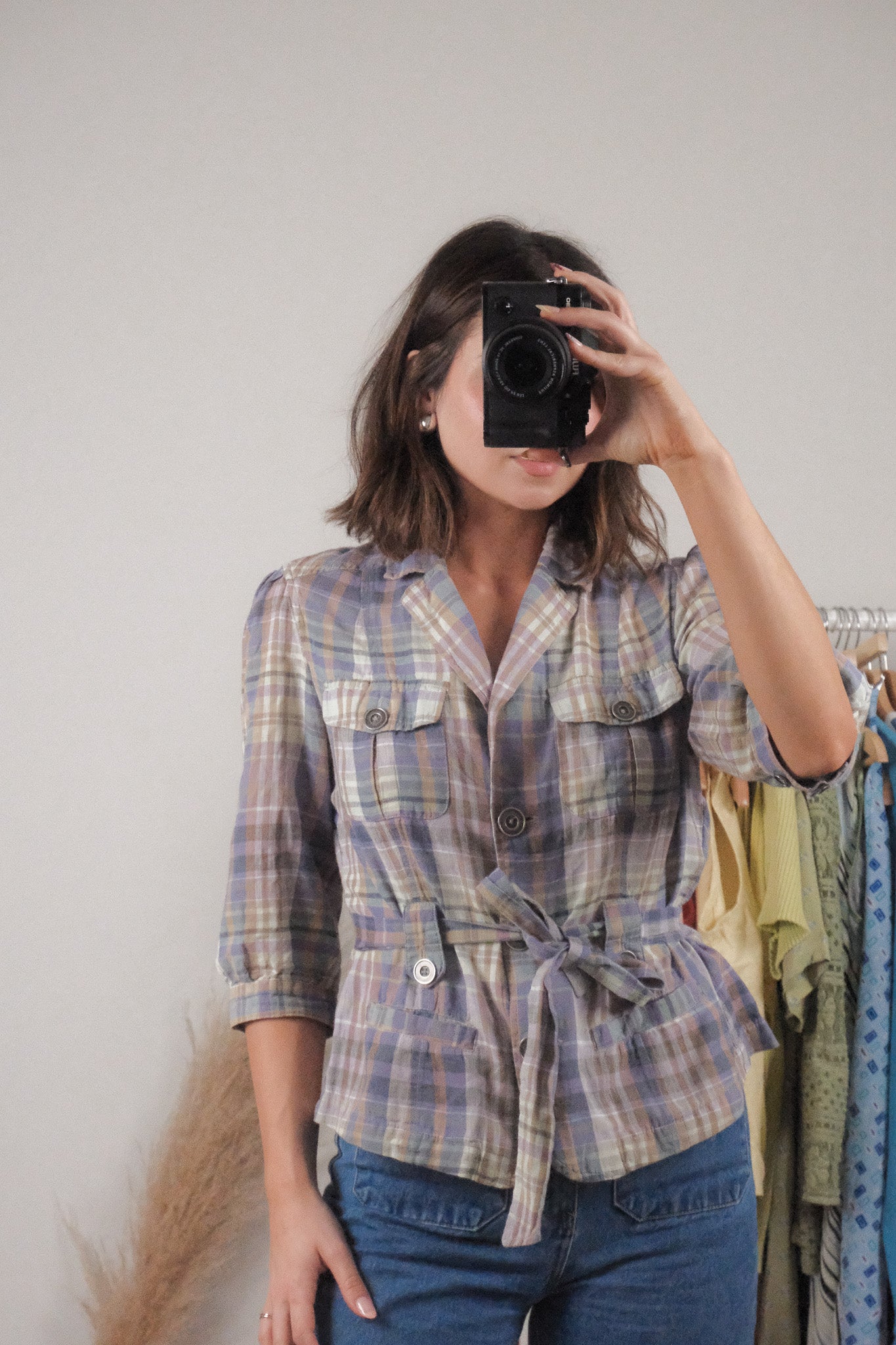 Vintage x Linen/Cotton Plaid Short-Sleeve Jacket (M)