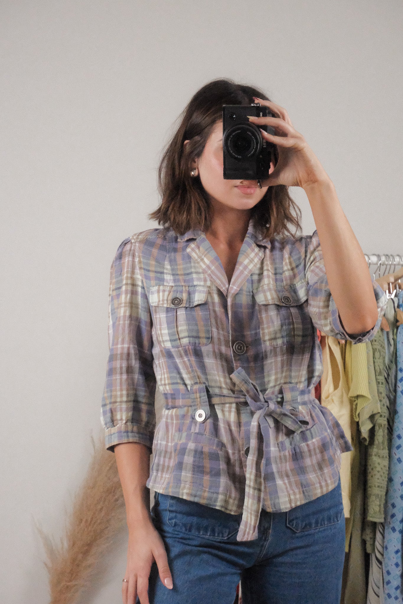 Vintage x Linen/Cotton Plaid Short-Sleeve Jacket (M)