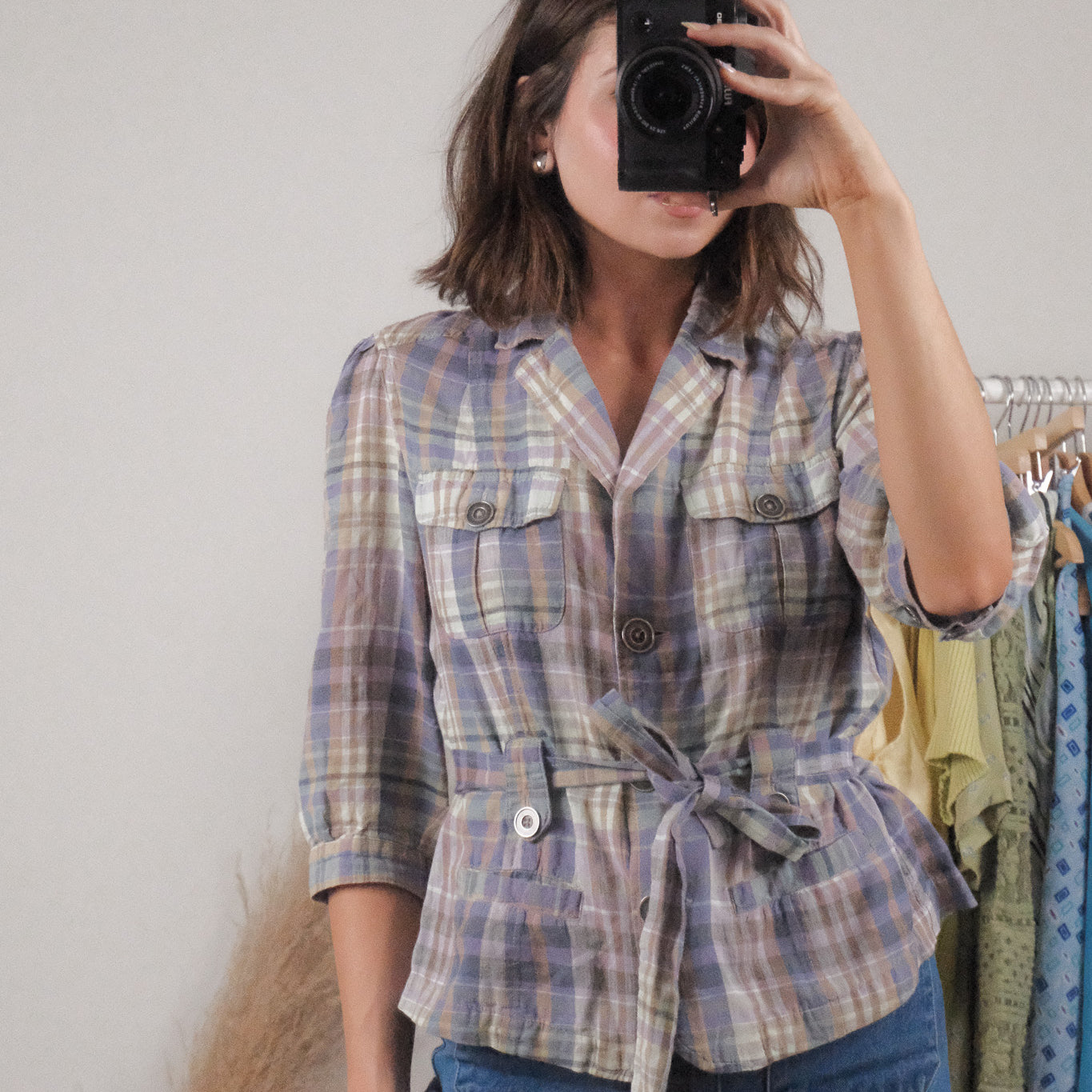 Vintage x Linen/Cotton Plaid Short-Sleeve Jacket (M)