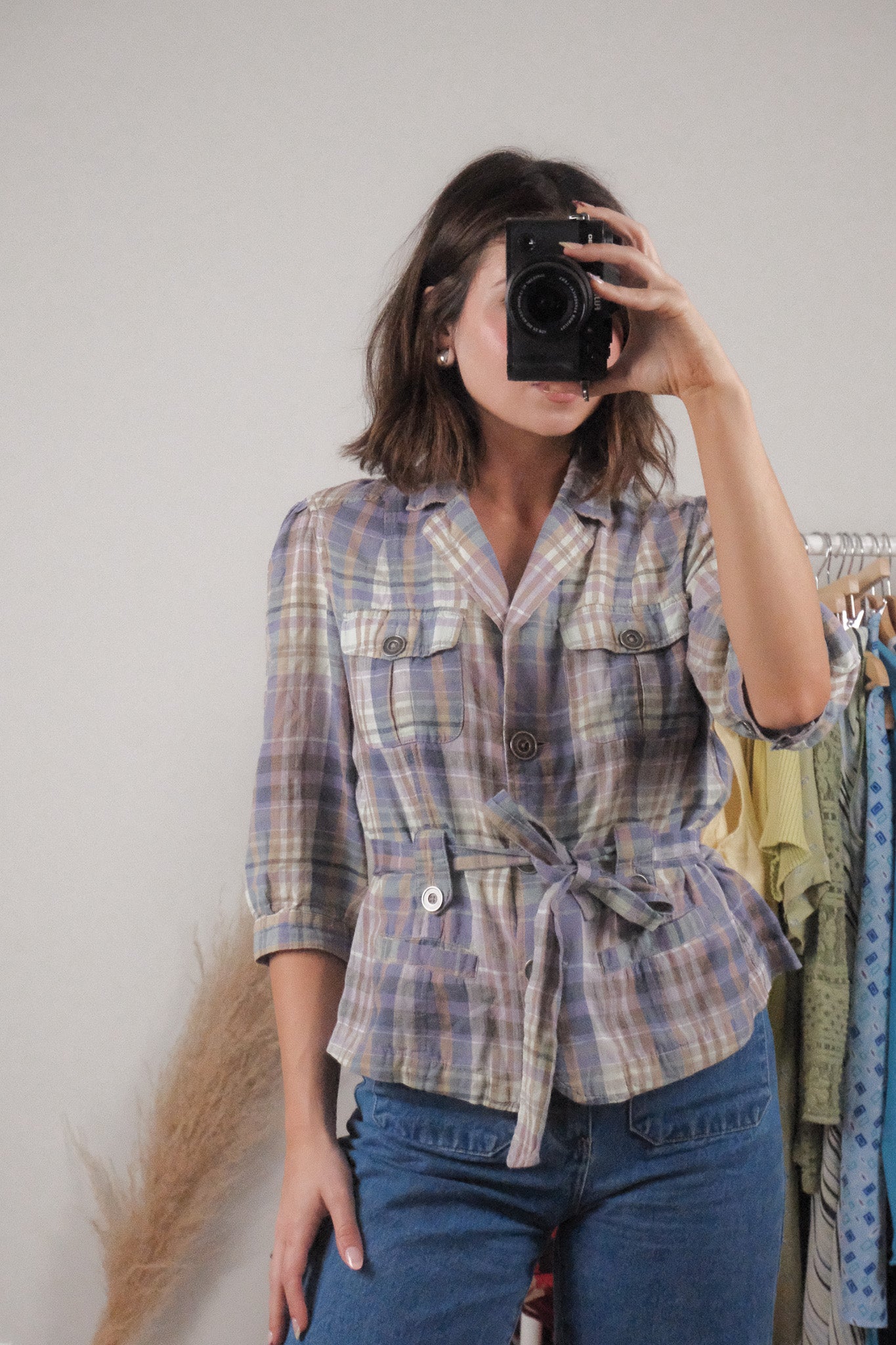 Vintage x Linen/Cotton Plaid Short-Sleeve Jacket (M)