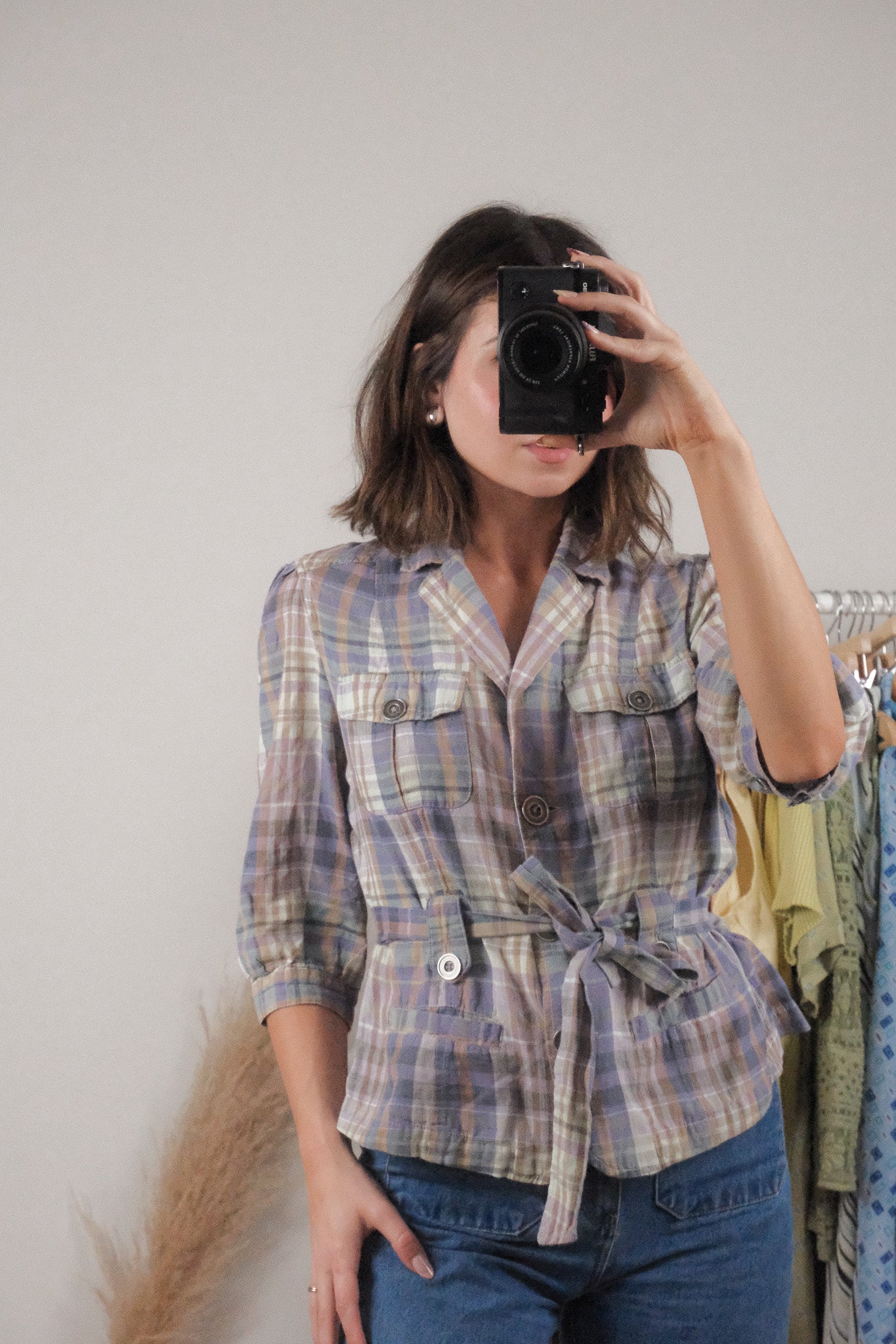 Vintage x Linen/Cotton Plaid Short-Sleeve Jacket (M)