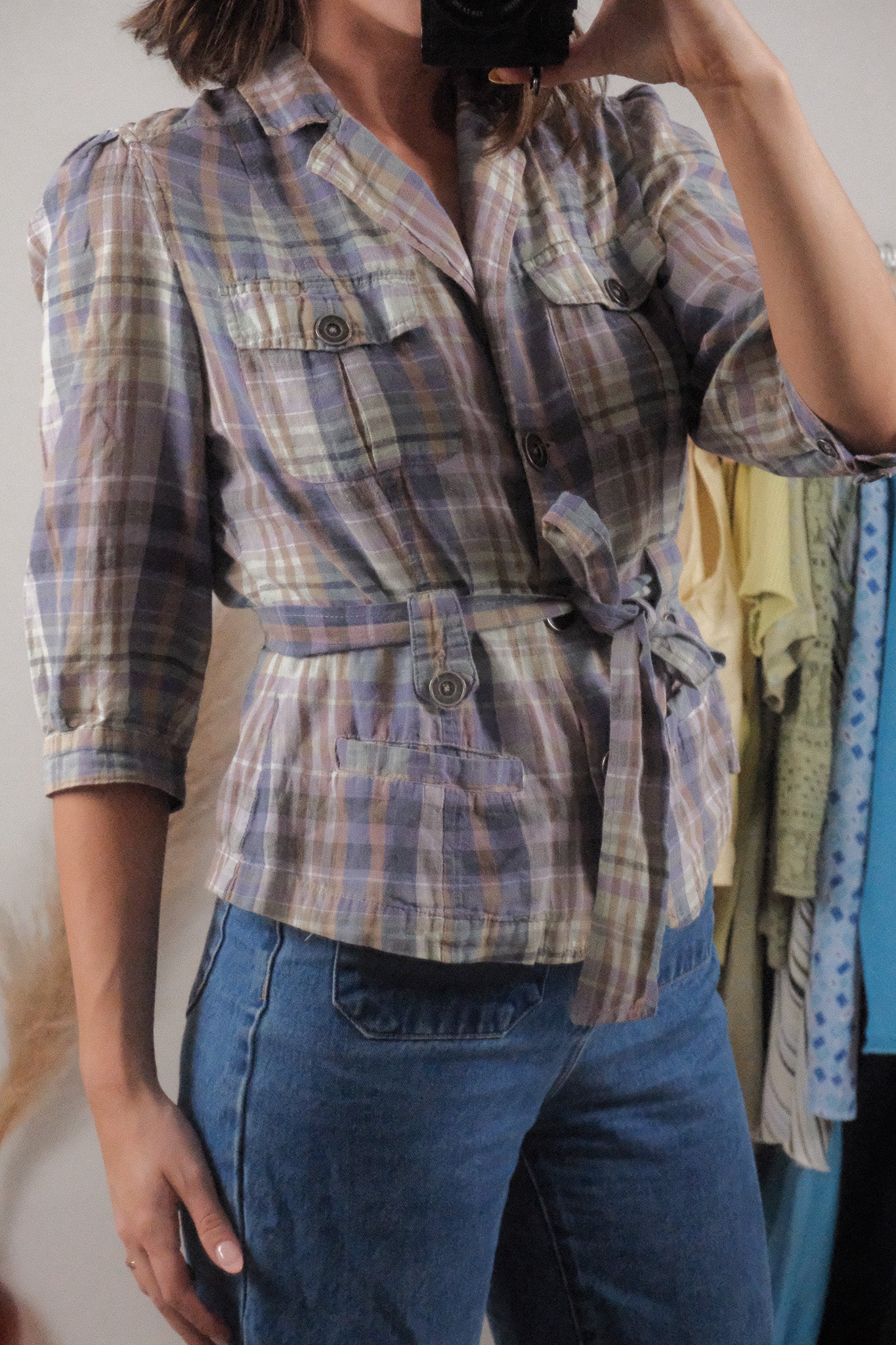 Vintage x Linen/Cotton Plaid Short-Sleeve Jacket (M)