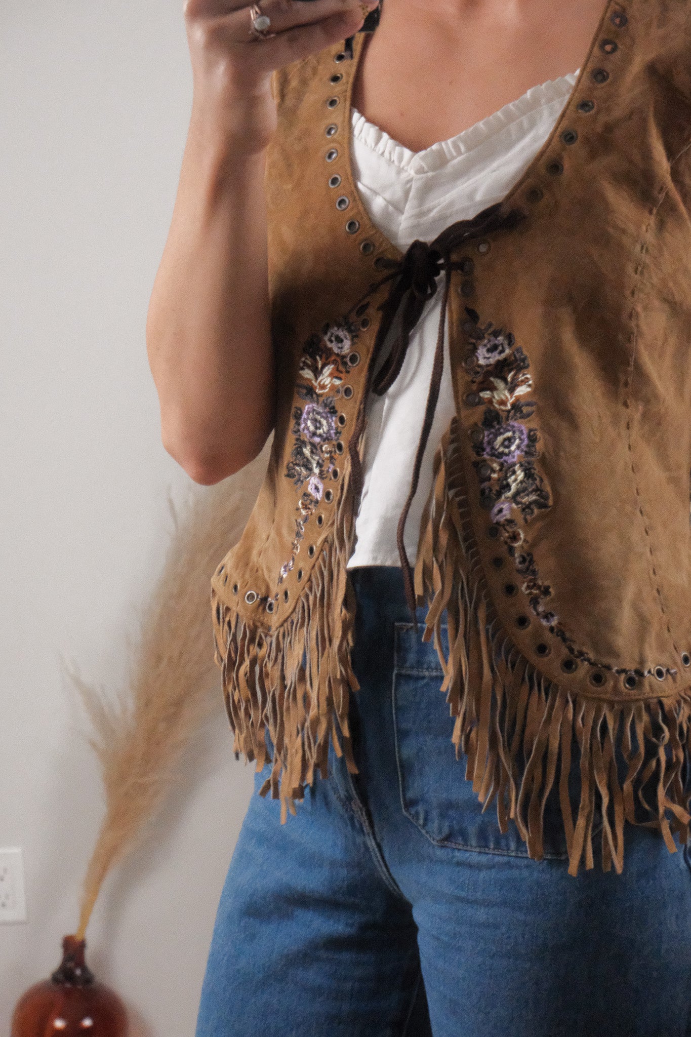 Vintage x Aldo x Suede Embroidered Fringe Vest (M)