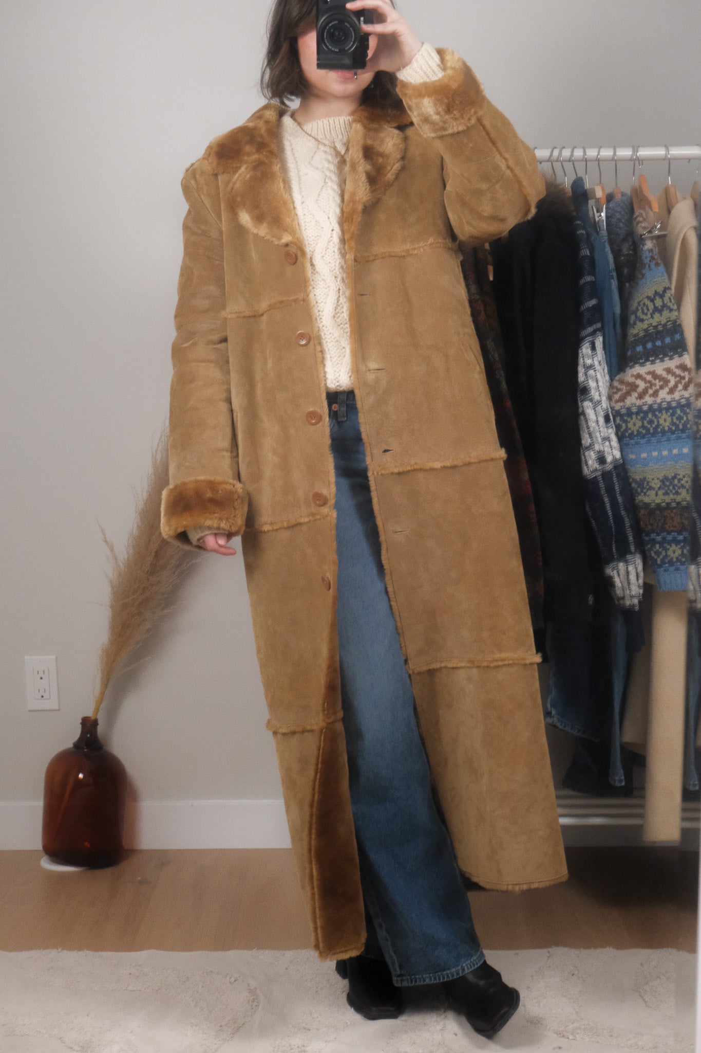 Vintage x Faux Fur Trim Genuine Suede Heavy Coat (M)
