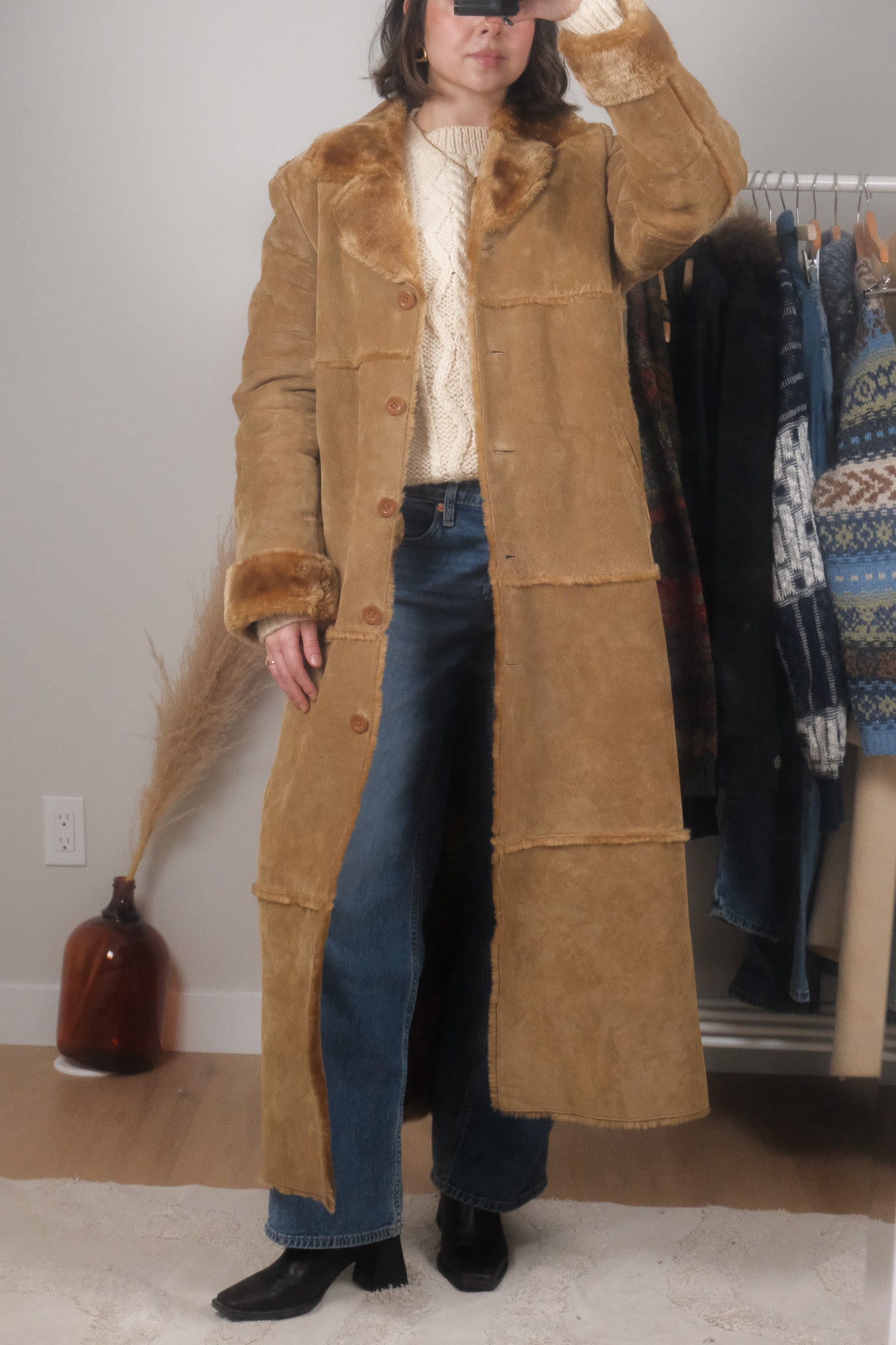 Vintage x Faux Fur Trim Genuine Suede Heavy Coat (M)