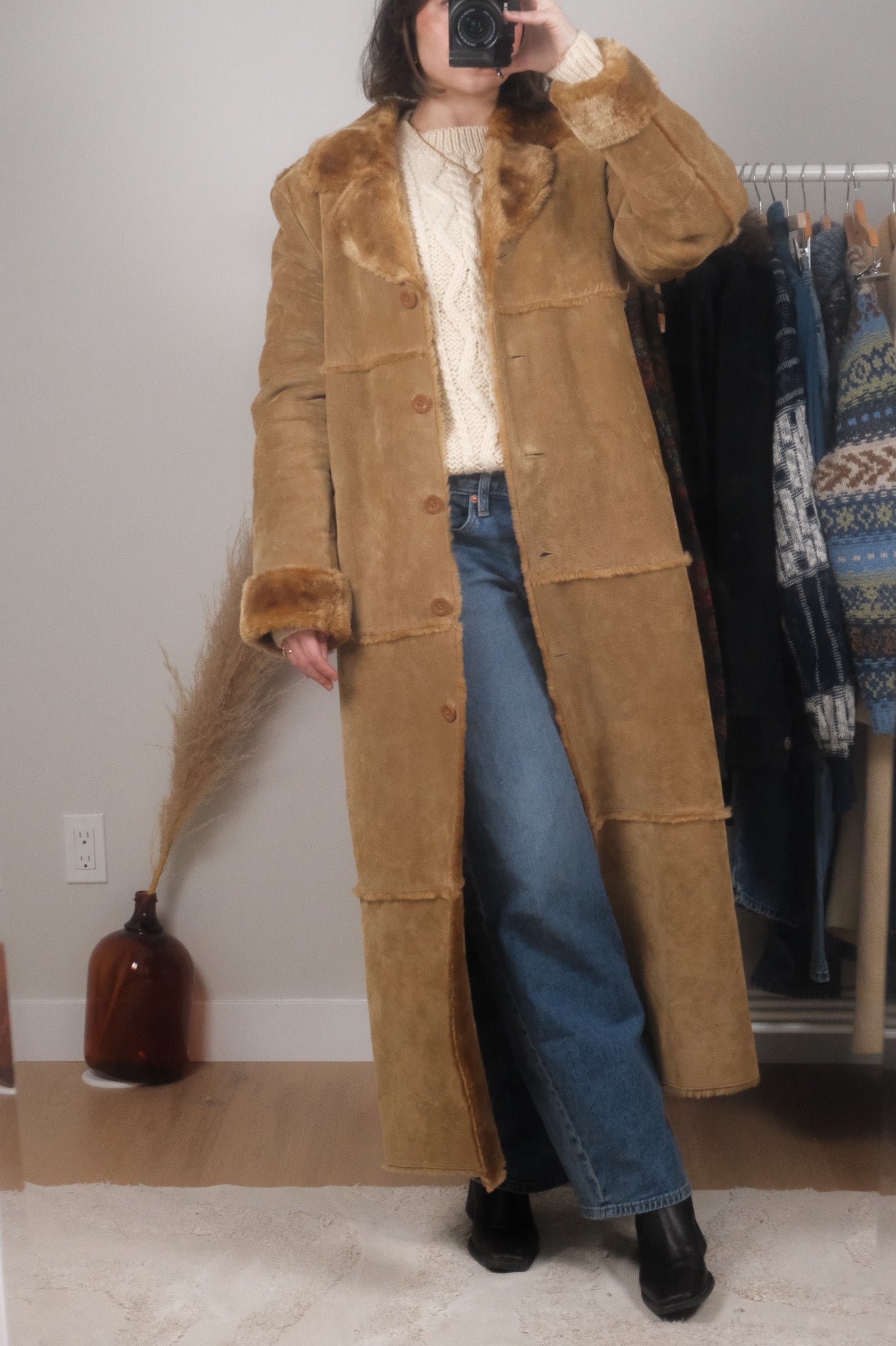 Vintage x Faux Fur Trim Genuine Suede Heavy Coat (M)