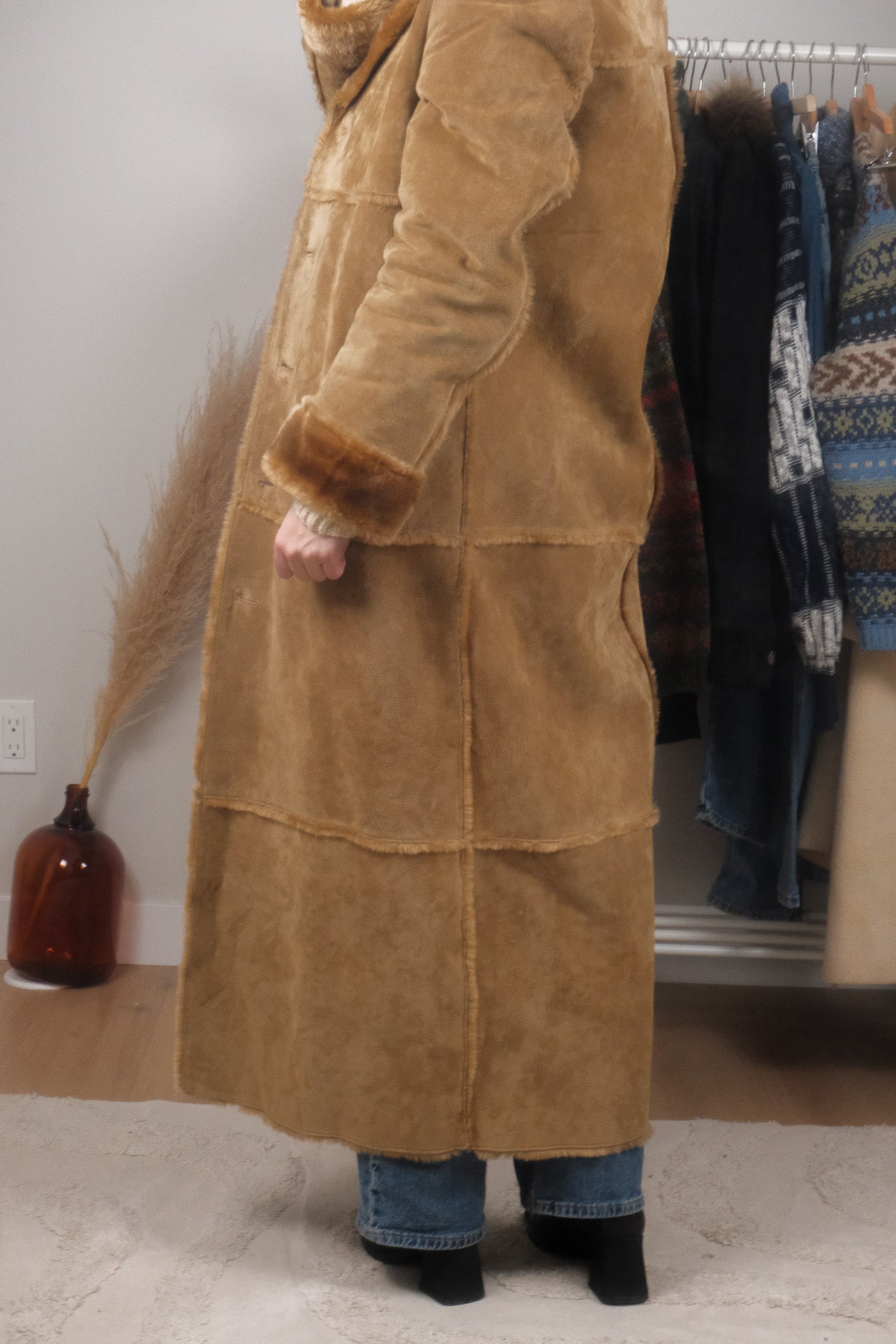 Vintage x Faux Fur Trim Genuine Suede Heavy Coat (M)