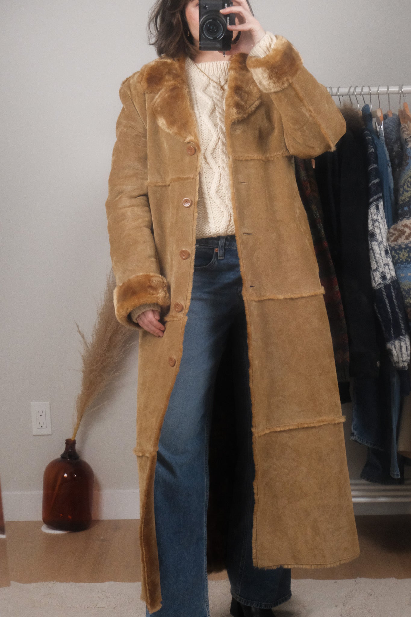 Vintage x Faux Fur Trim Genuine Suede Heavy Coat (M)