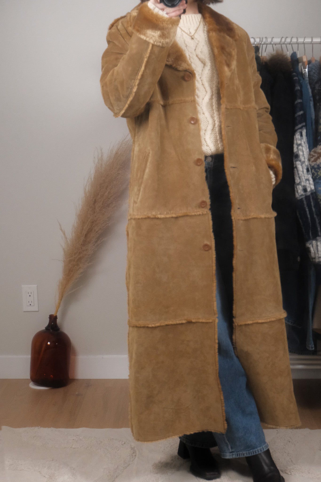 Vintage x Faux Fur Trim Genuine Suede Heavy Coat (M)