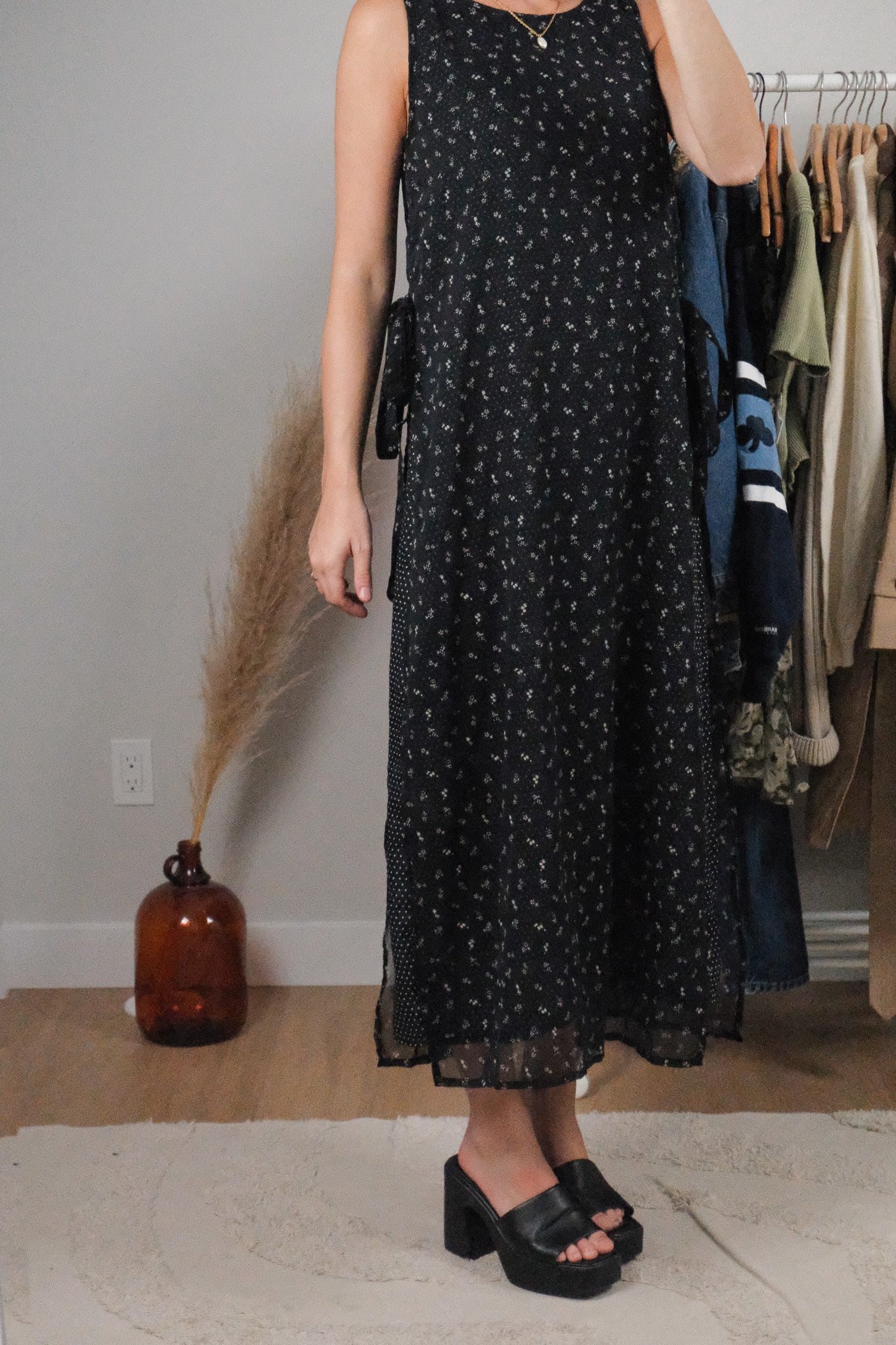 Vintage x Floral & Polka Dot Mesh Side Tie Dress (S)