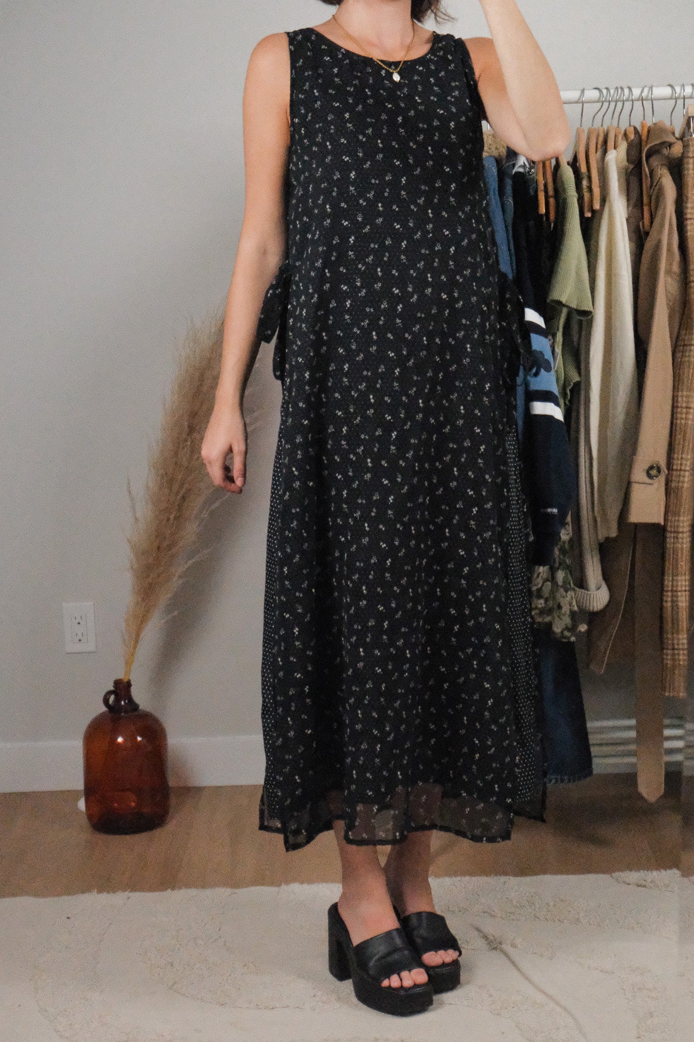 Vintage x Floral & Polka Dot Mesh Side Tie Dress (S)