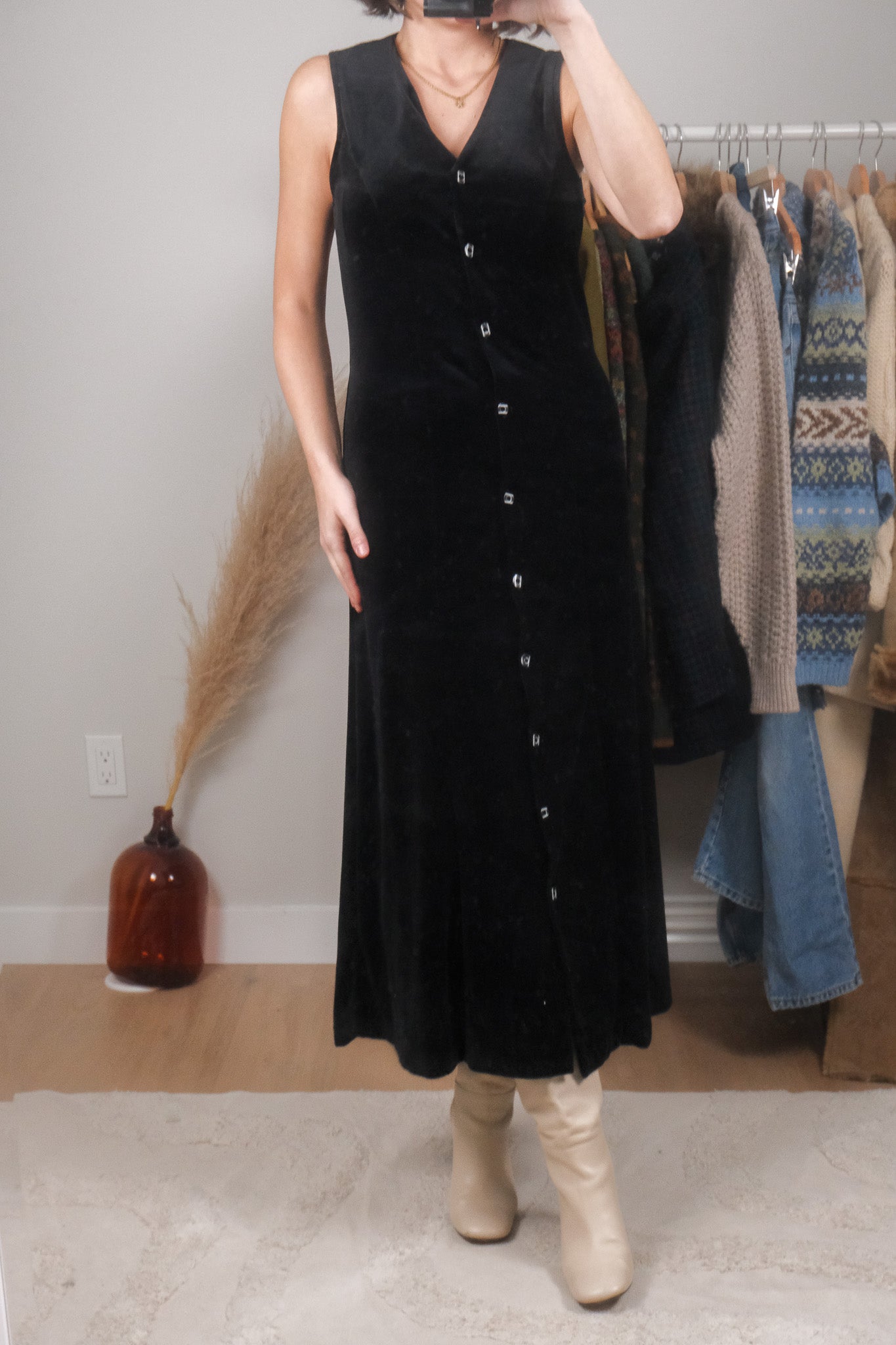 Made in Canada x Vintage x Velvet Button Up Maxi Dress (XS/S)