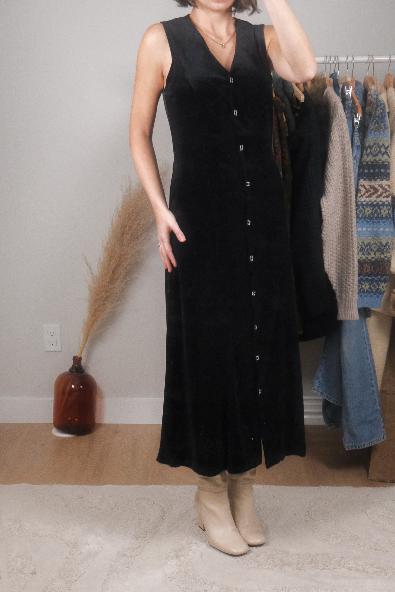 Made in Canada x Vintage x Velvet Button Up Maxi Dress (XS/S)