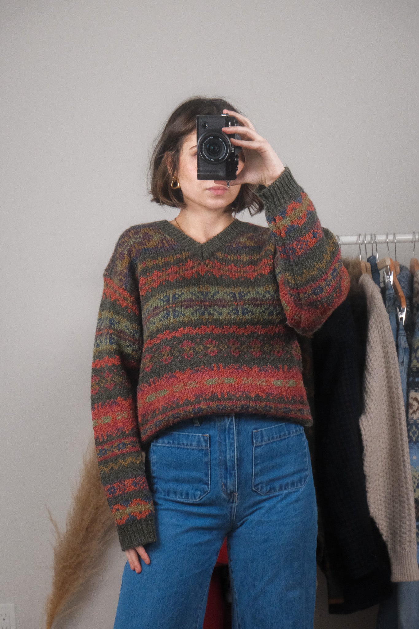 Vintage x Wool Blend Patterned V-Neck Sweater (S)
