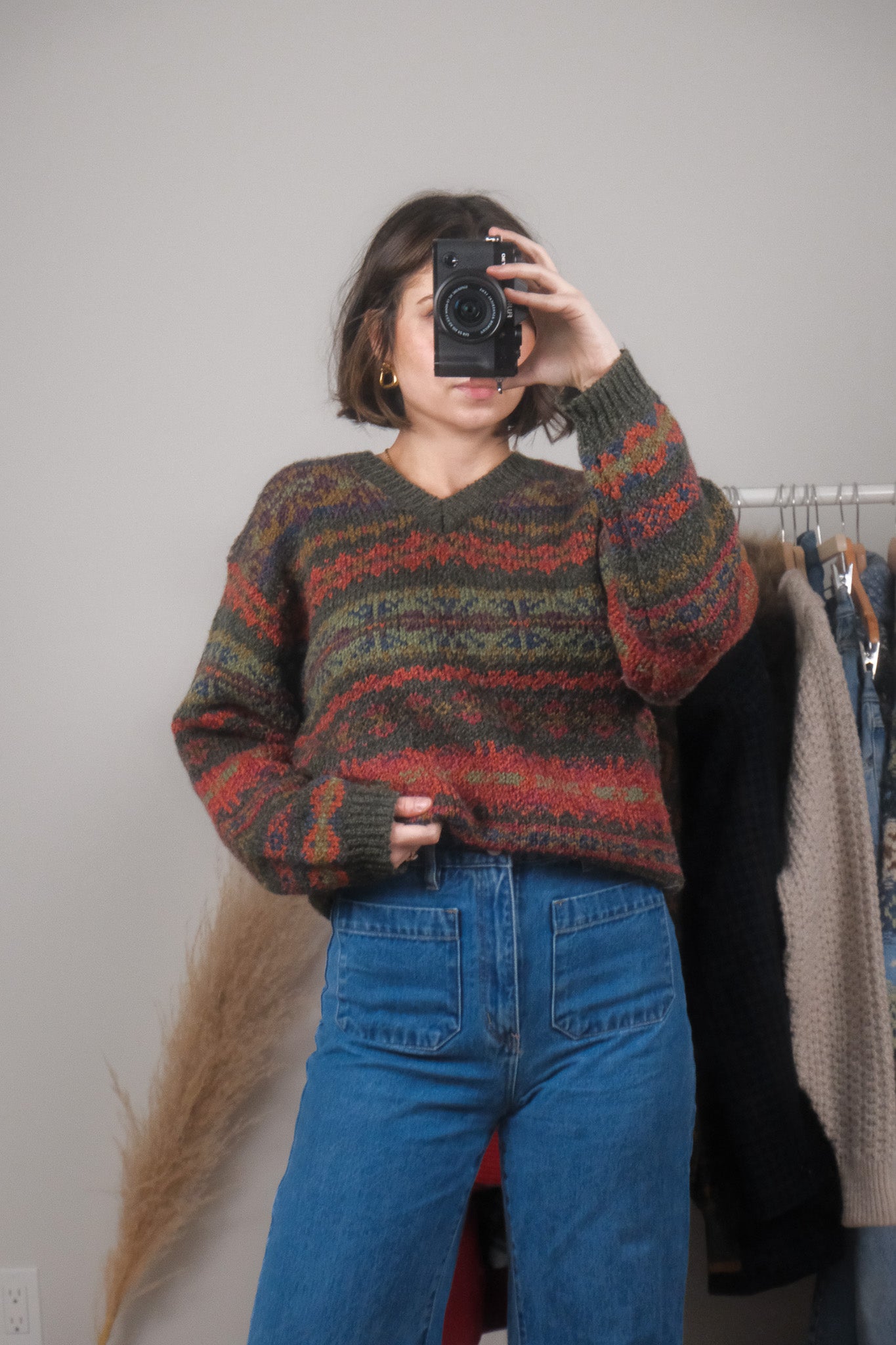 Vintage x Wool Blend Patterned V-Neck Sweater (S)