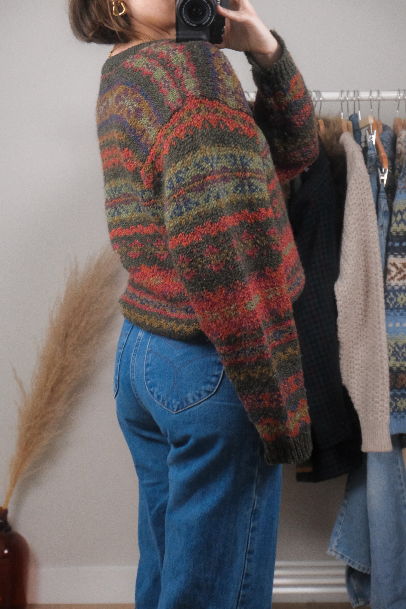 Vintage x Wool Blend Patterned V-Neck Sweater (S)