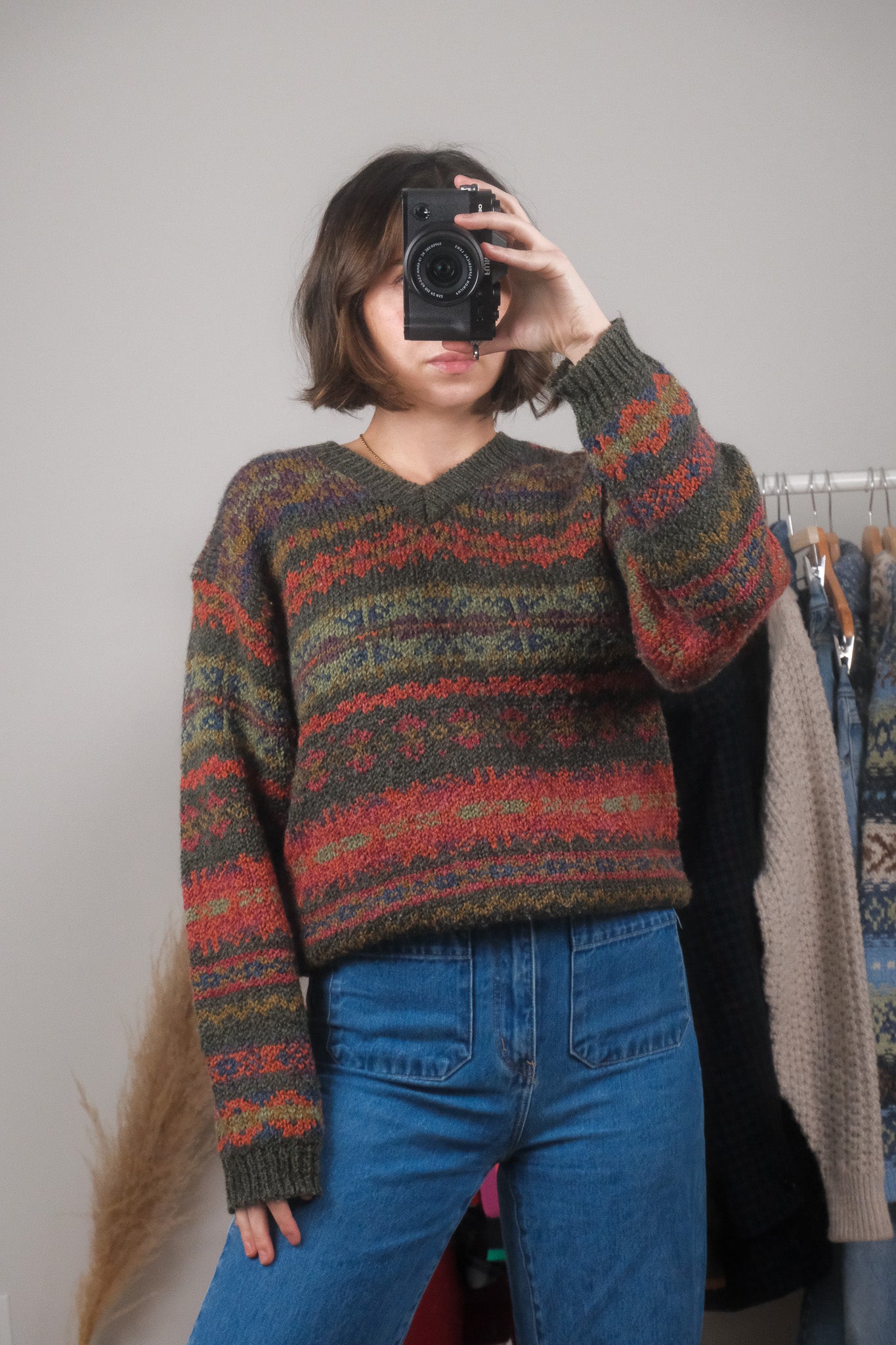 Vintage x Wool Blend Patterned V-Neck Sweater (S)