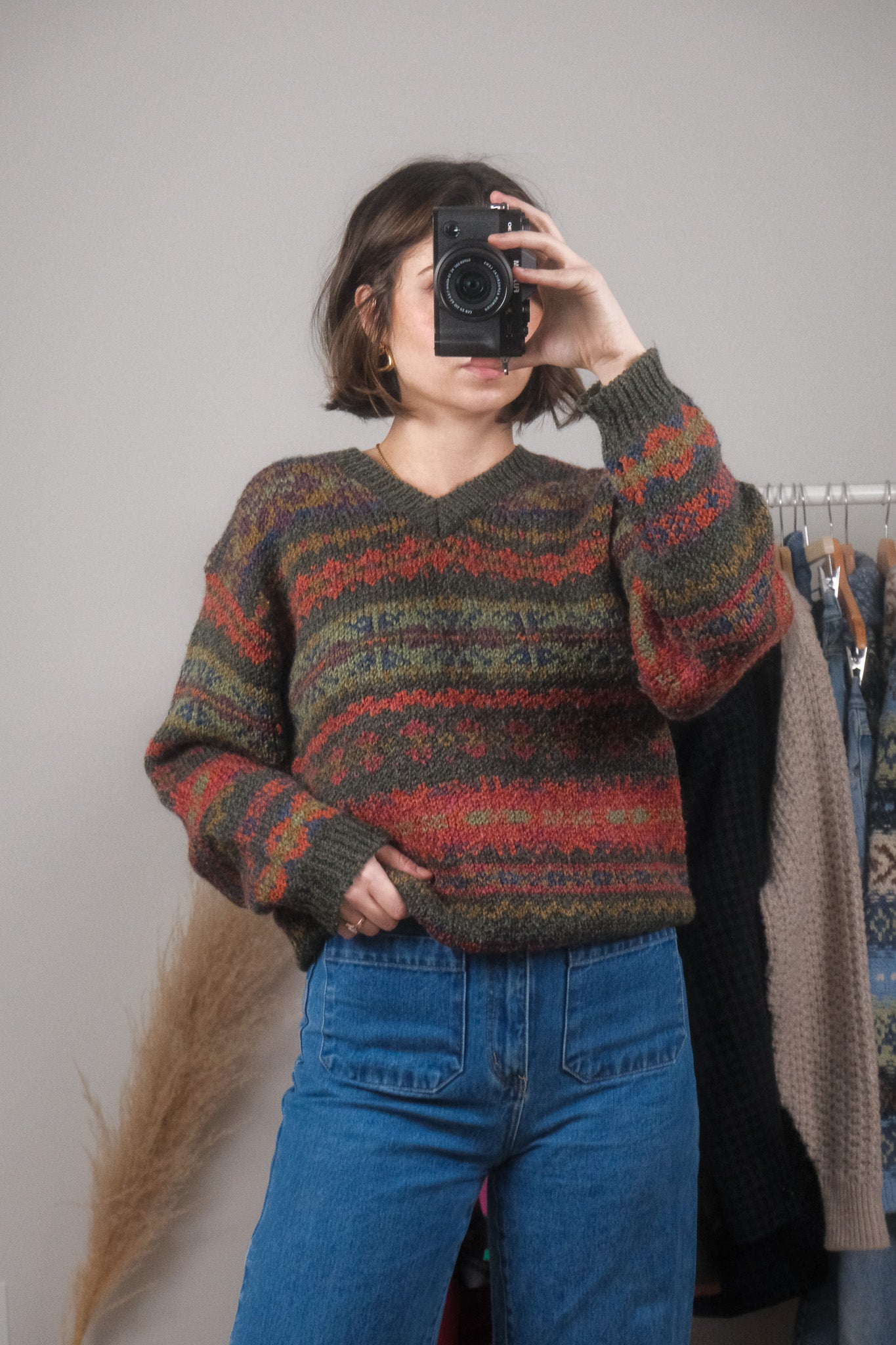 Vintage x Wool Blend Patterned V-Neck Sweater (S)