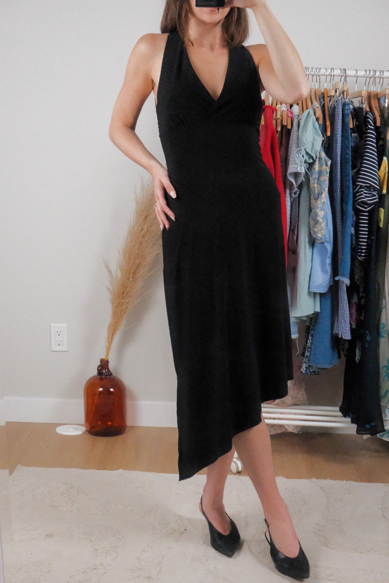 Made in Canada x Vintage x Asymmetrical Fringe Halter Midi Dress (4/6)