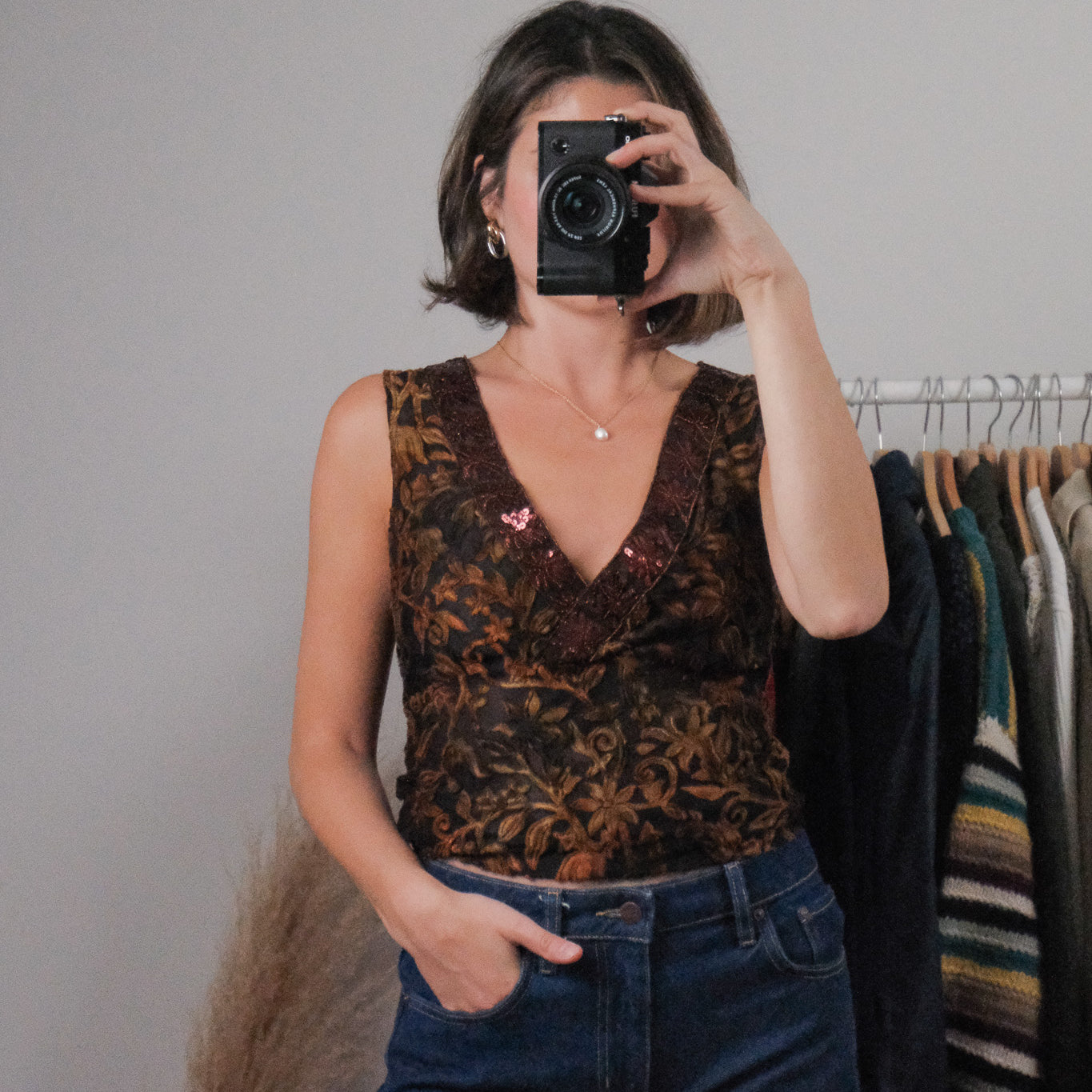 Made in USA x Vintage x Mesh/Velvet/Sequins Tank (M)