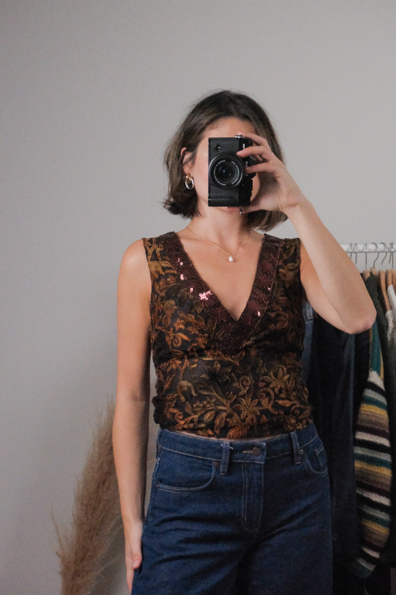 Made in USA x Vintage x Mesh/Velvet/Sequins Tank (M)