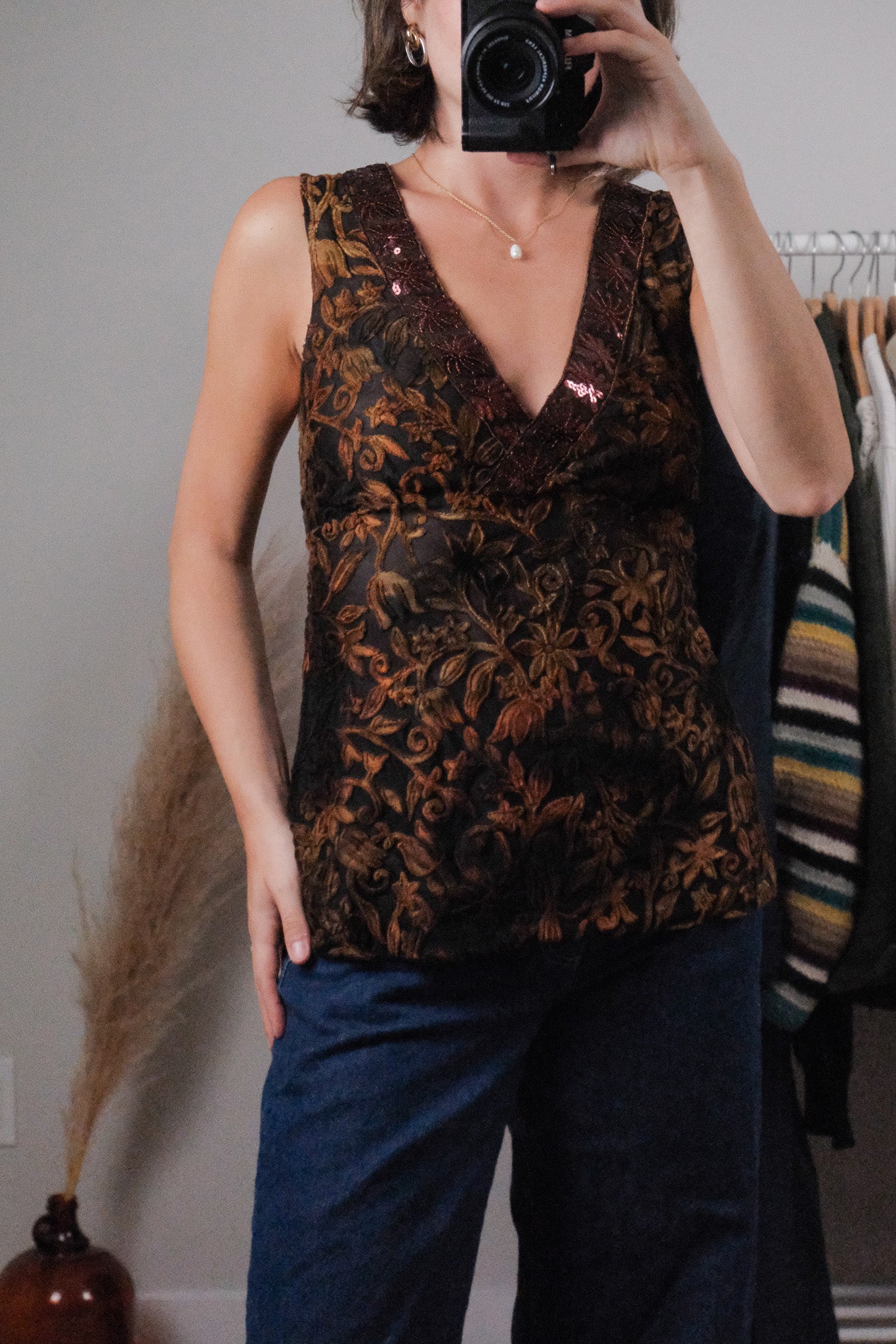 Made in USA x Vintage x Mesh/Velvet/Sequins Tank (M)