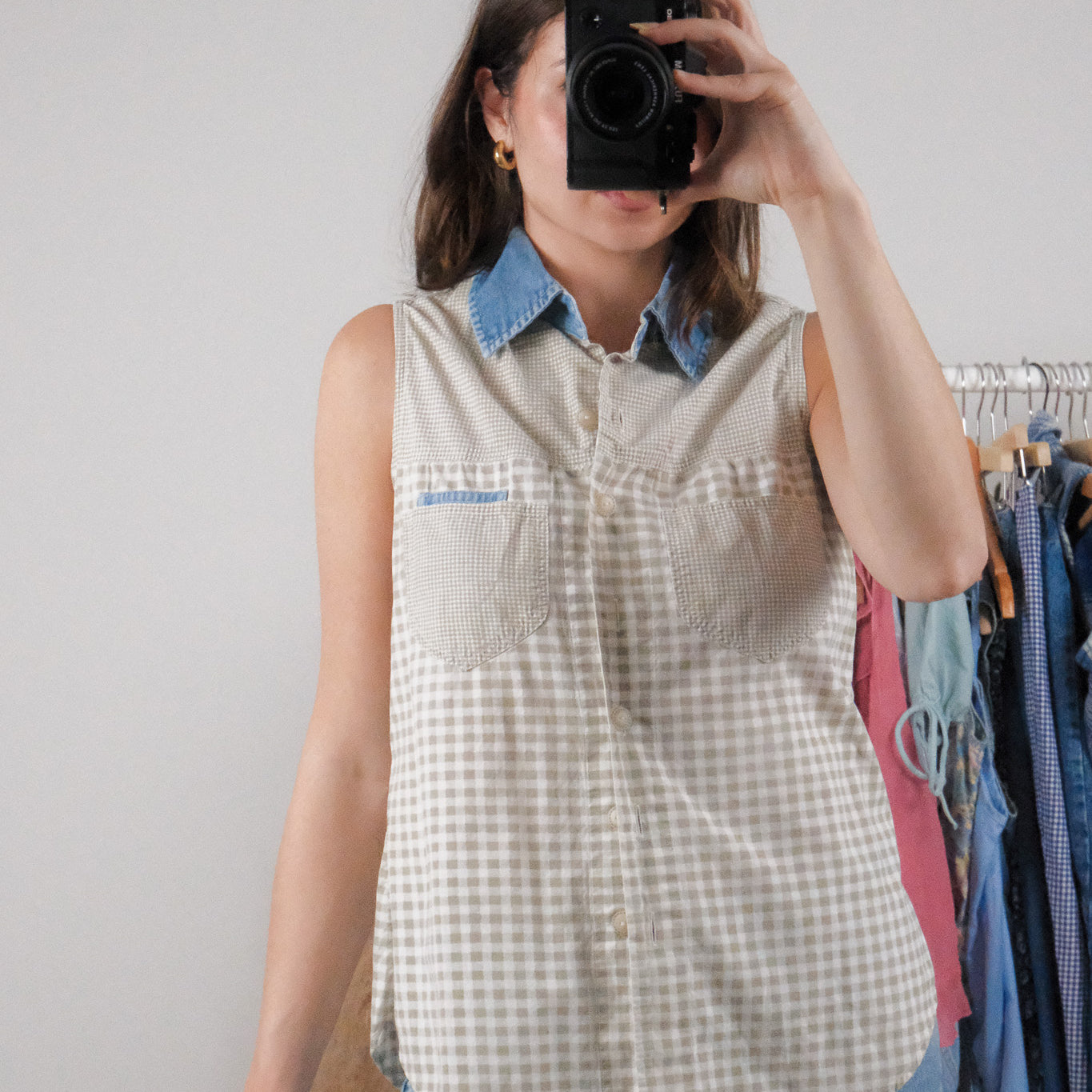 Vintage x Cotton Plaid Denim Collar Top (S)