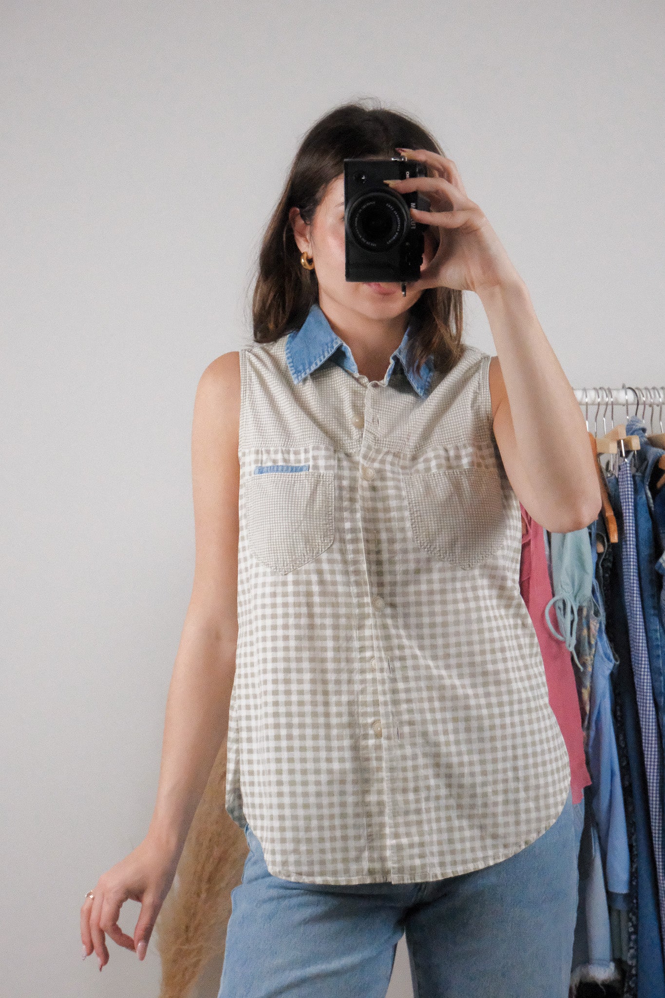 Vintage x Cotton Plaid Denim Collar Top (S)