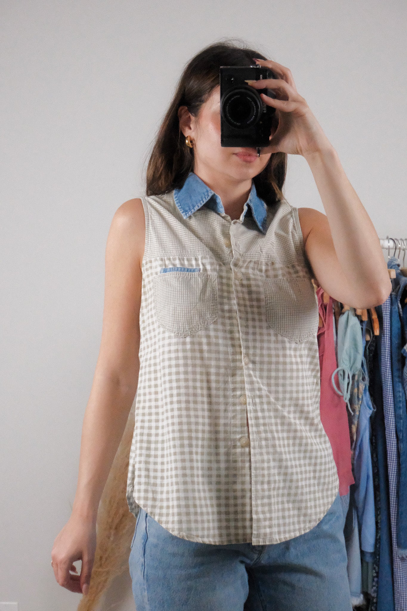 Vintage x Cotton Plaid Denim Collar Top (S)