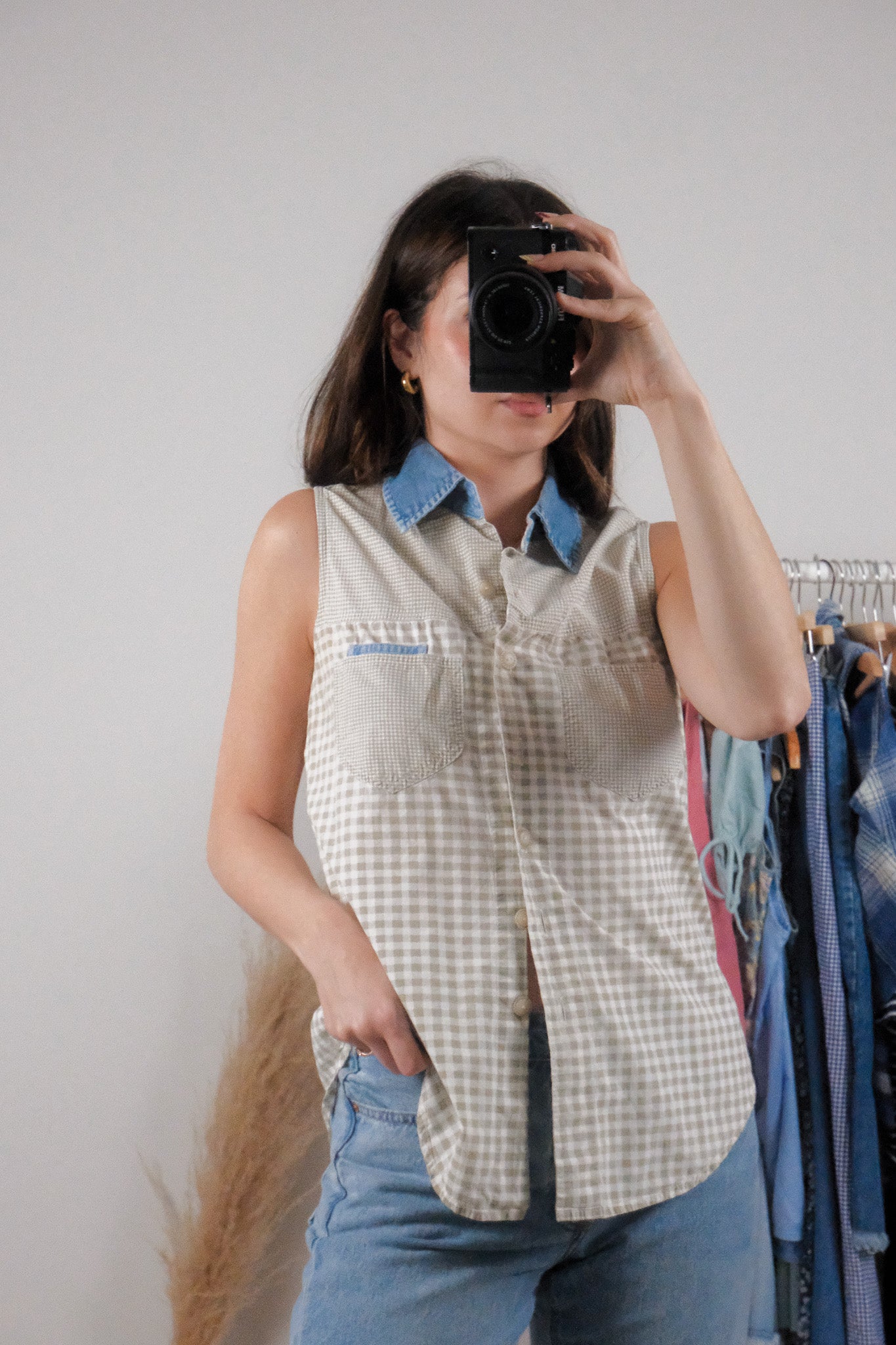 Vintage x Cotton Plaid Denim Collar Top (S)