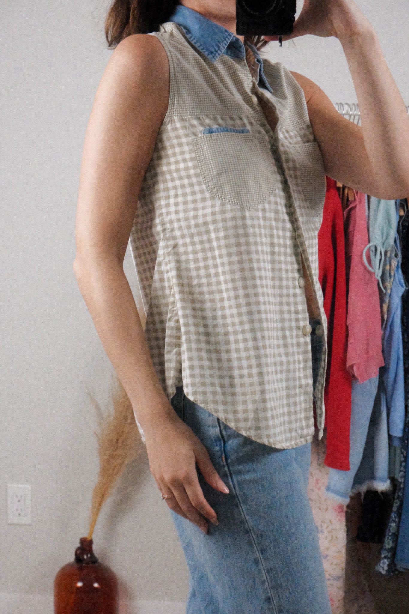 Vintage x Cotton Plaid Denim Collar Top (S)