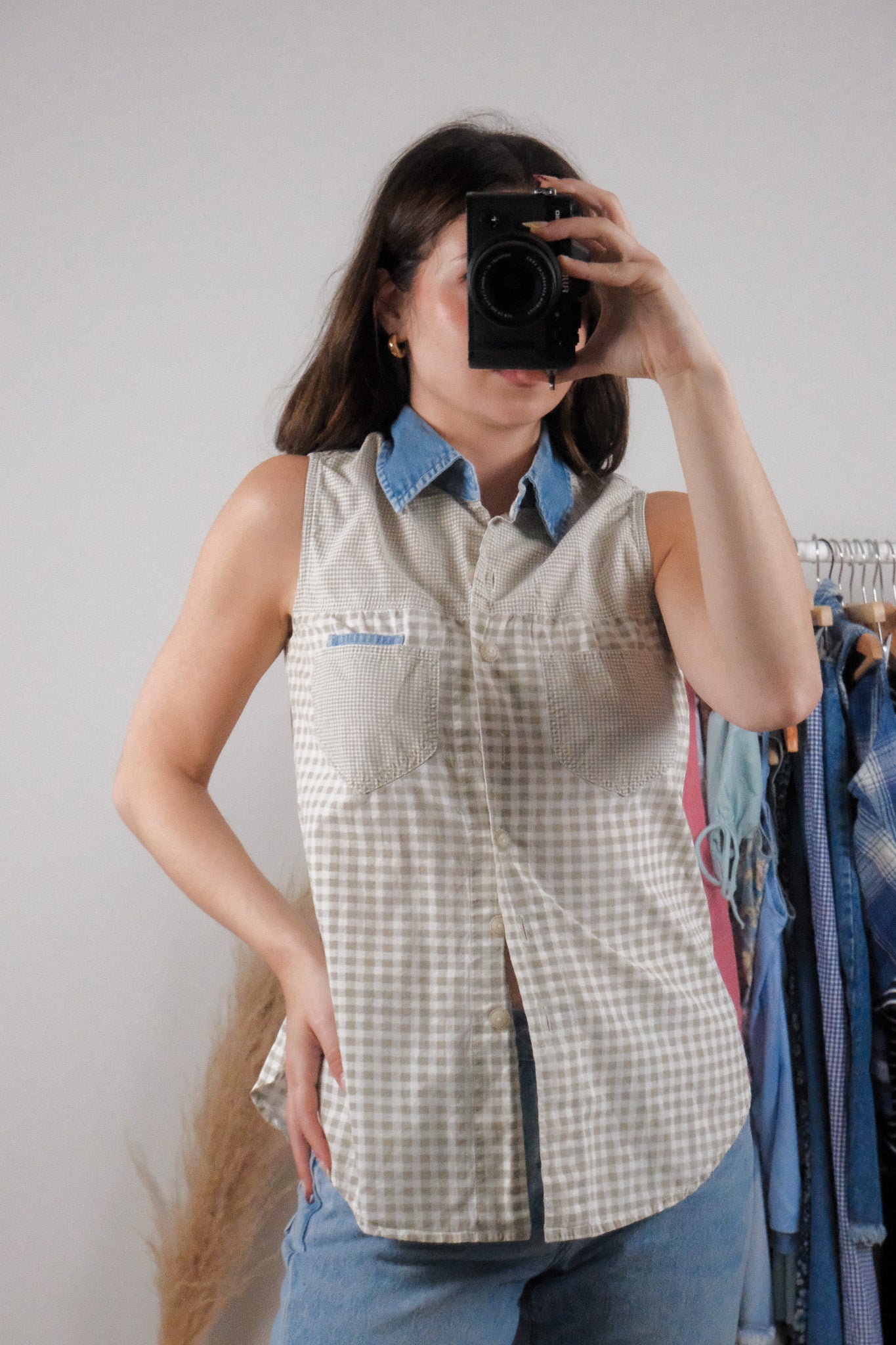 Vintage x Cotton Plaid Denim Collar Top (S)