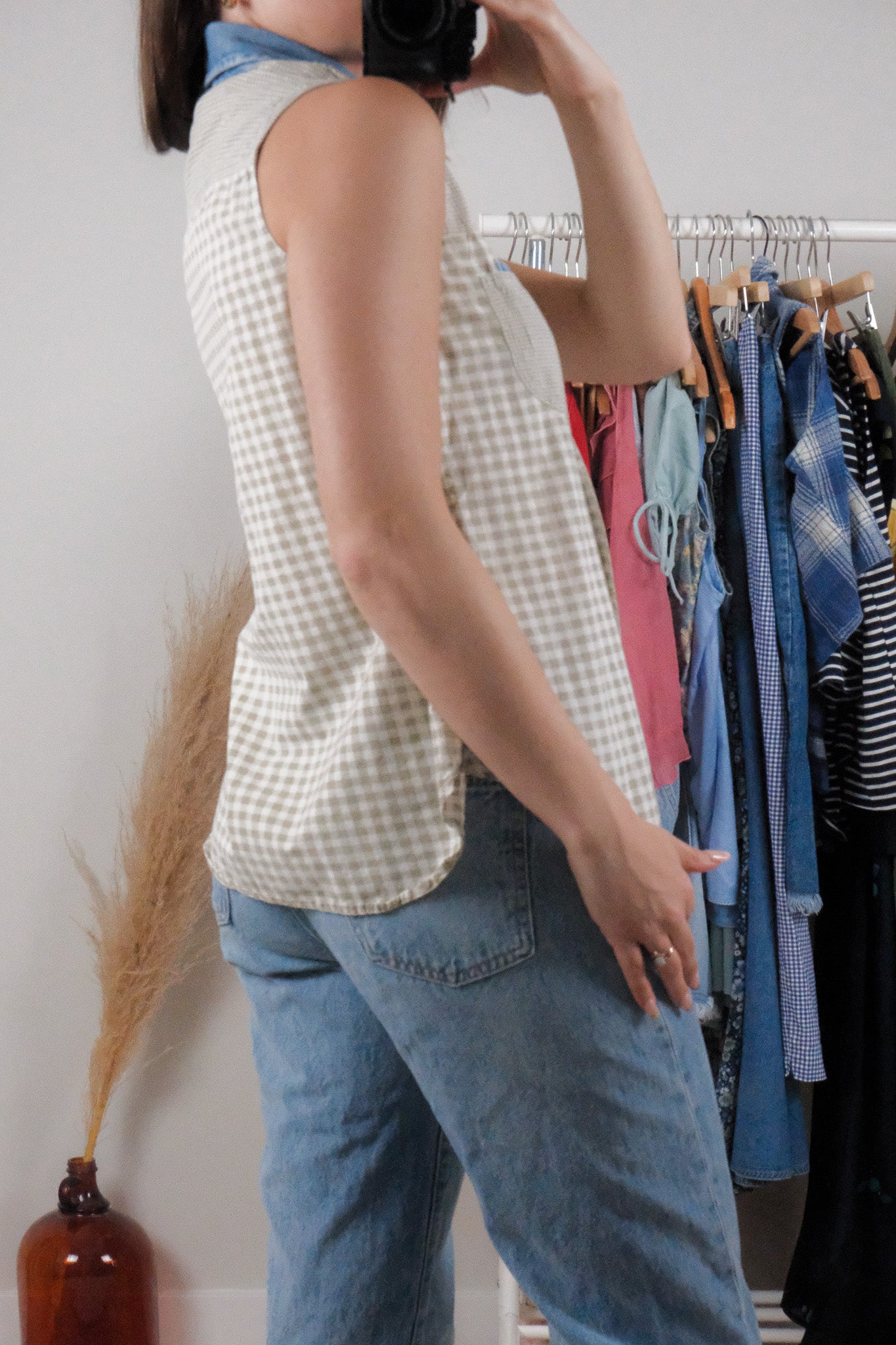 Vintage x Cotton Plaid Denim Collar Top (S)